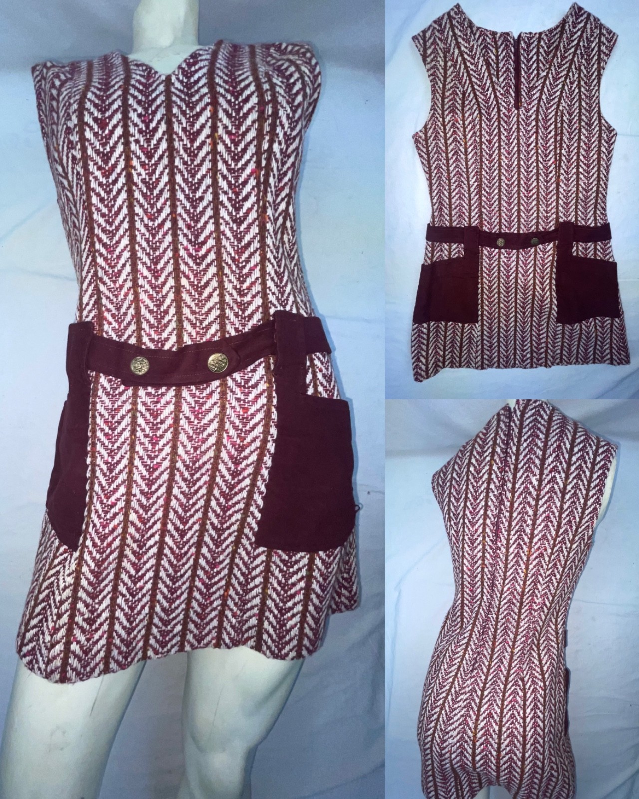 VTG 60S 70S WOMENS RED WOOL KNIT DISCO RETRO HIPPY STRIPE SLEEVELESS DRESS