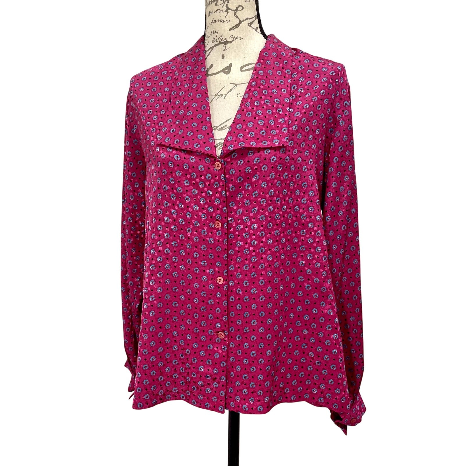 Vintage 80s Halston III Pink Floral Lapel Collar Blouse Women’s Long Sleeve; Lrg