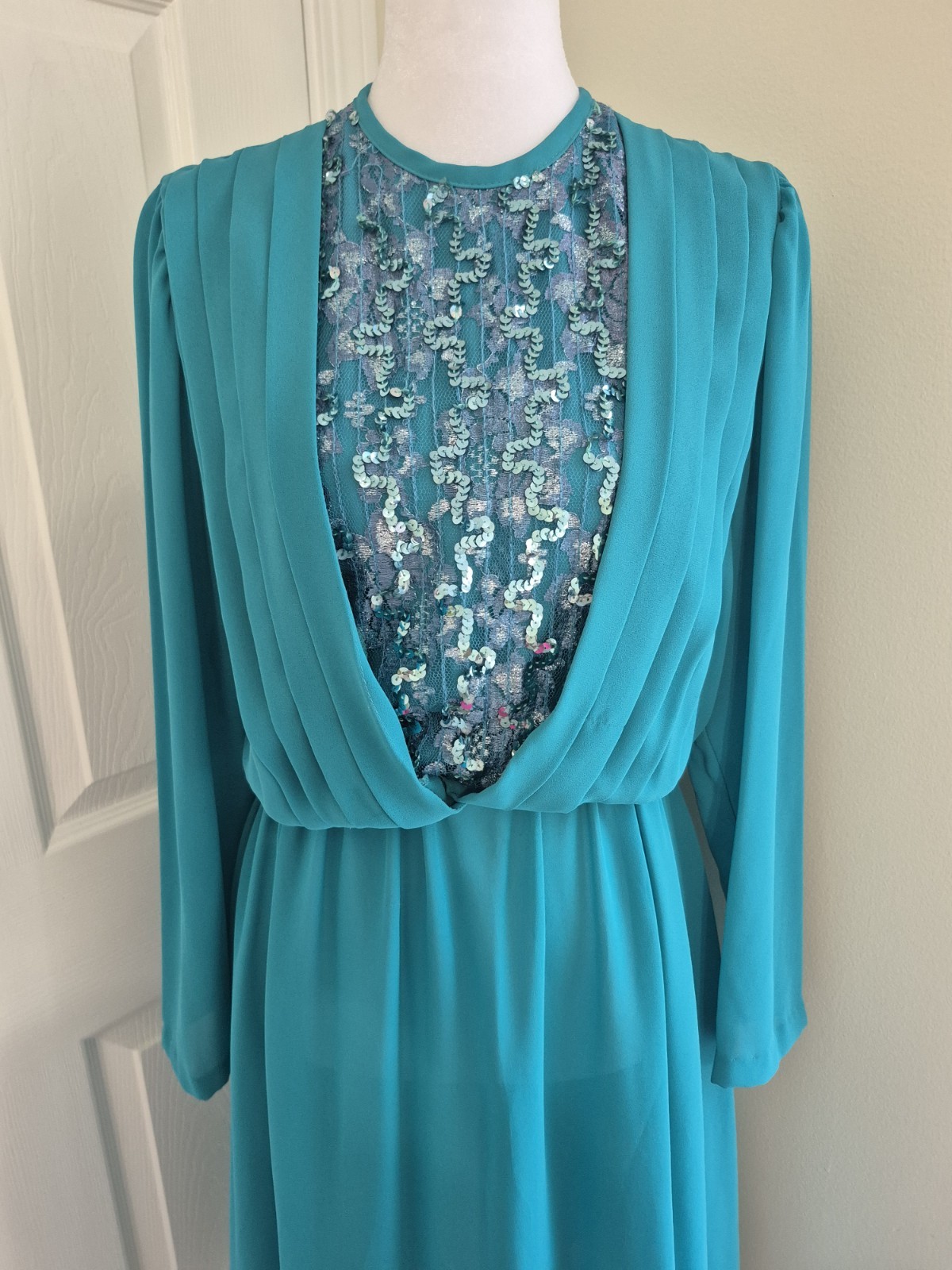 Vintage 70s 80s Cathy Sue Teal Sequin Illusion Midi Dress Pleated M/L