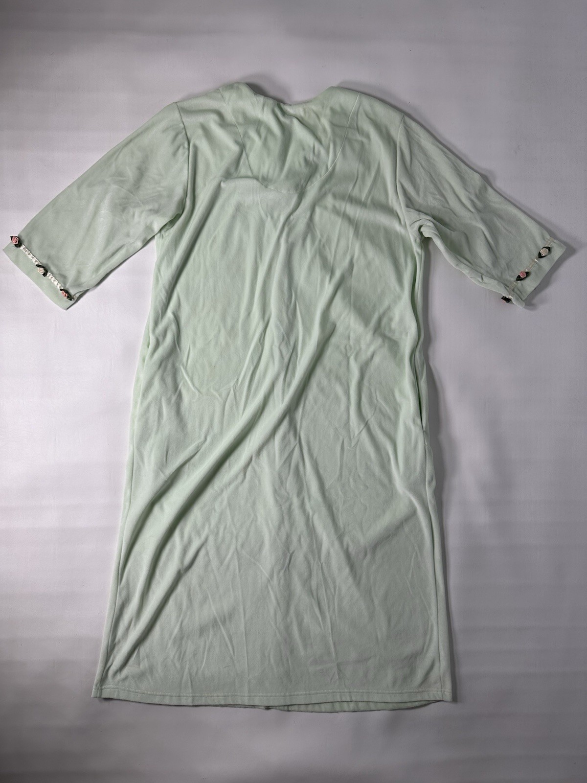 Vintage Shadowline Robe Velour Roses Mint Green Size M Zip-Up Housecoat