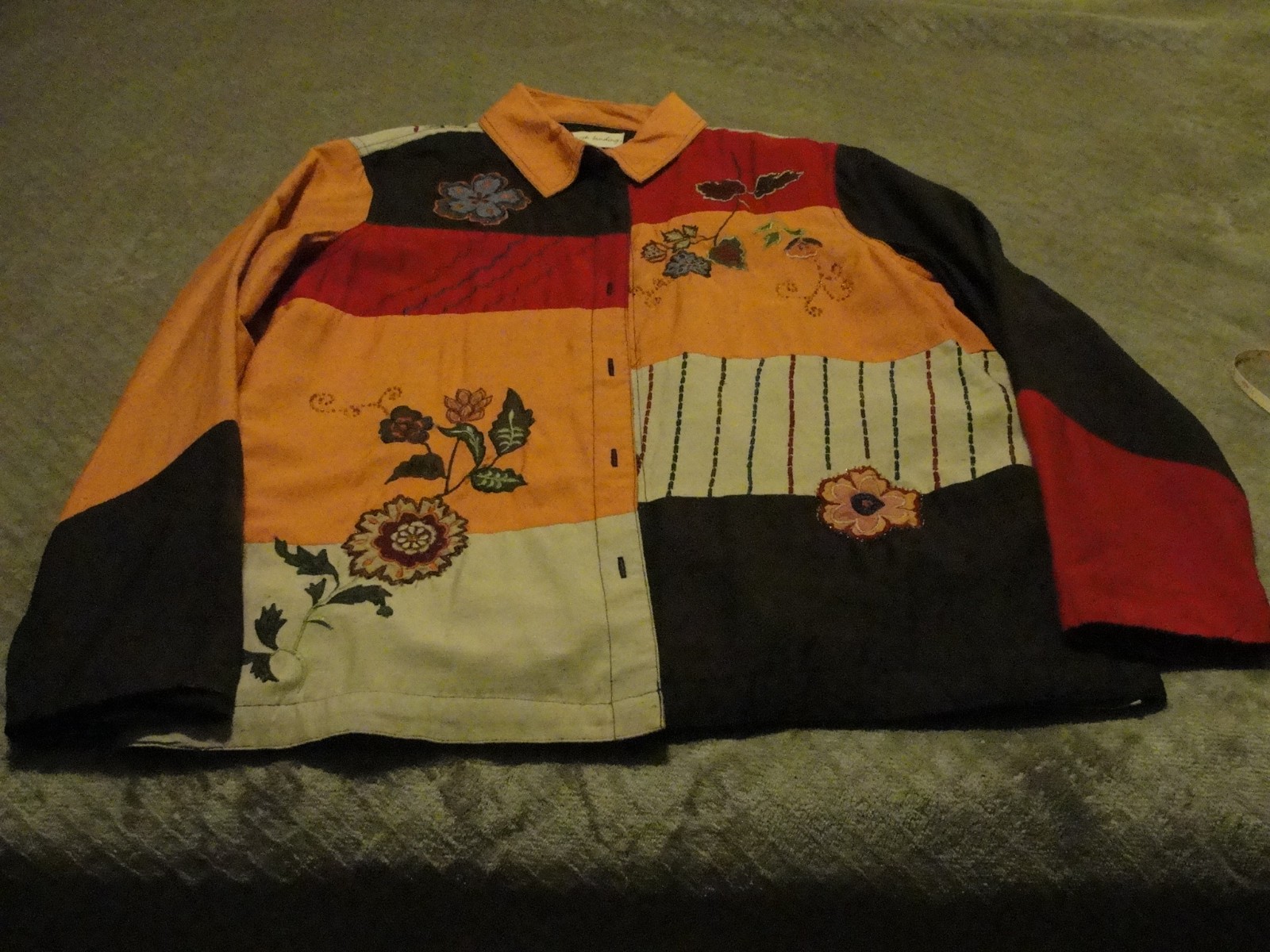 Marsh Landing M Patchwork Autumn Colors Floral Embroidered Button Shirt