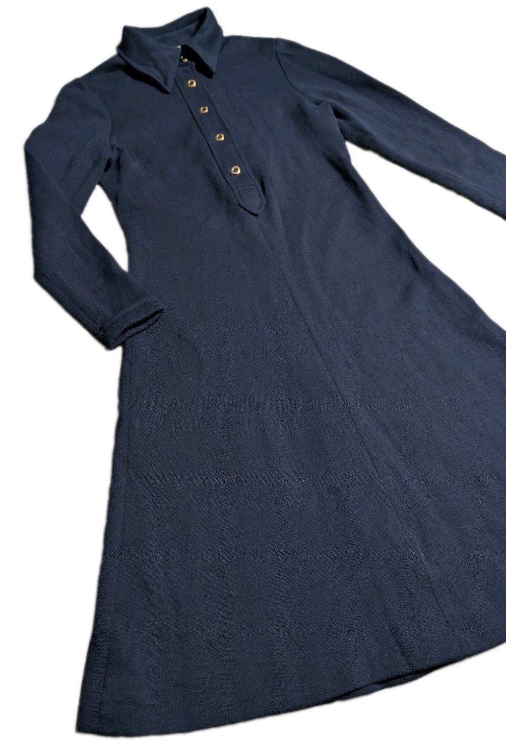 Vintage 60s 70s Pure Wool Navy Mod Shirtwaist A-Line Dagger Collar Dress USA