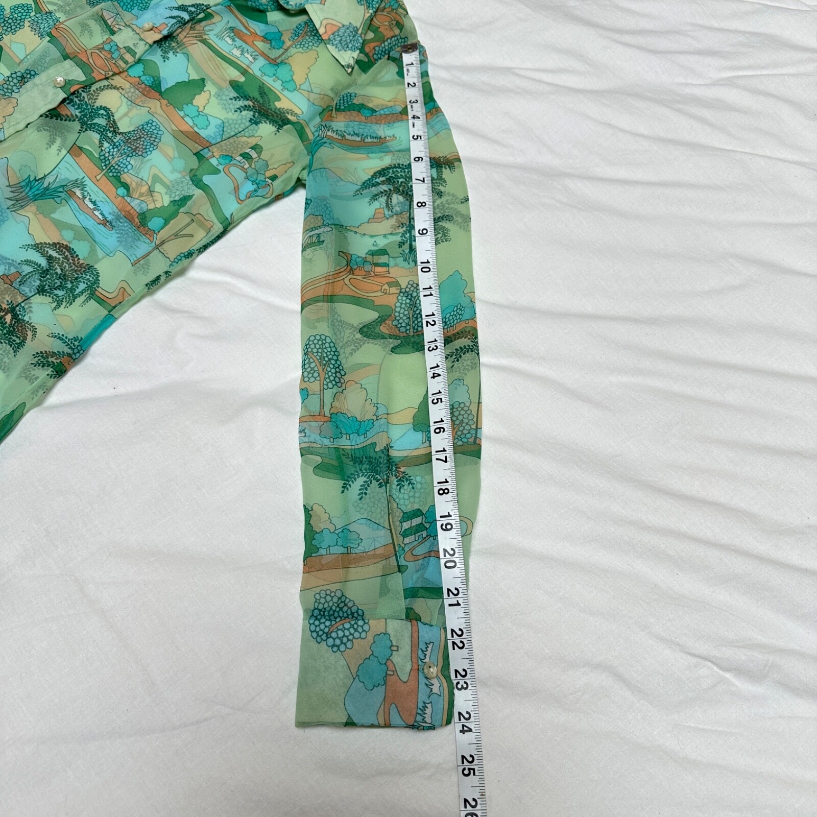Sheer Button Down Shirt Aqua Dreamy Print Elegant Leisure Translucent Retro (M)