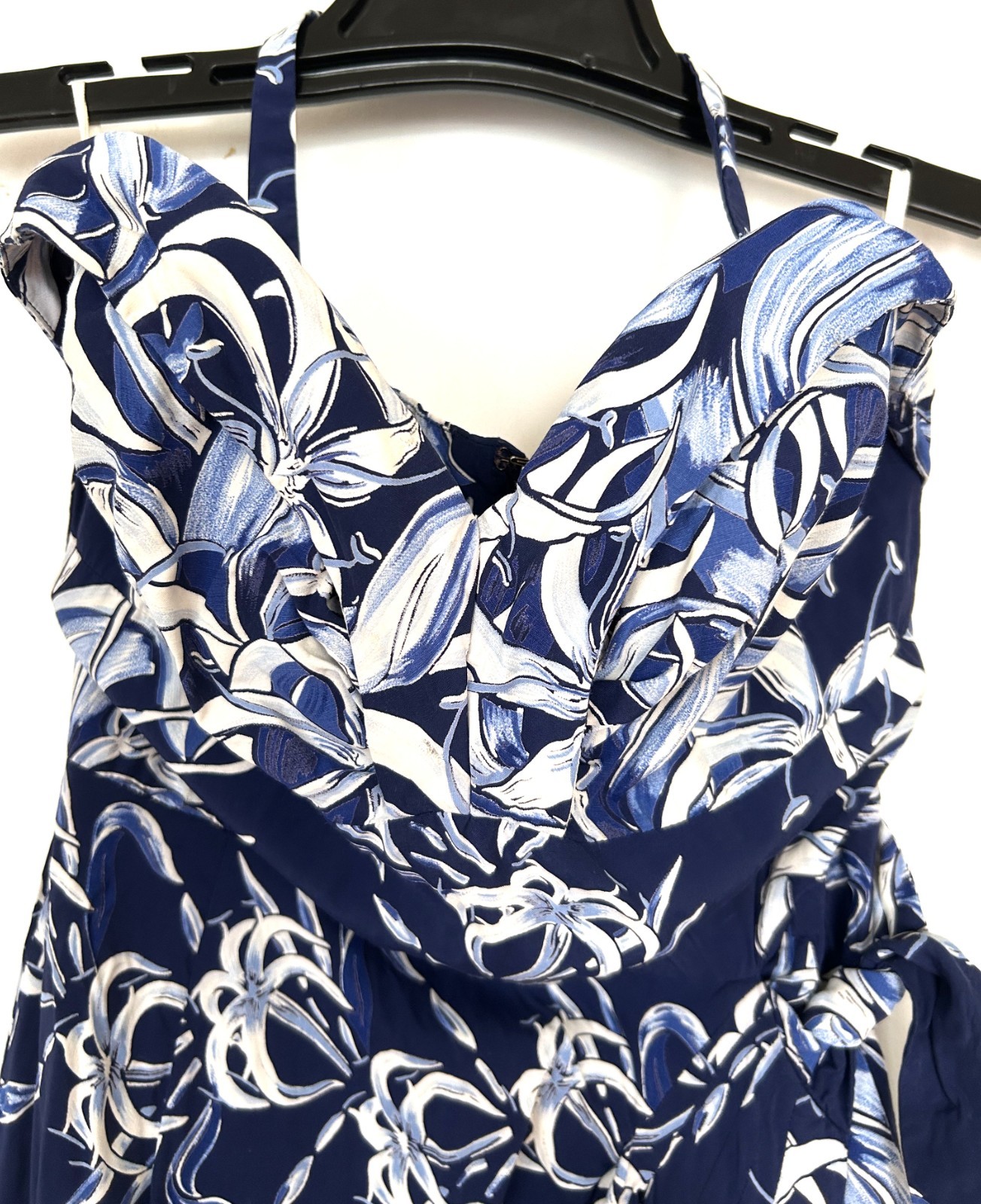 Vintage 50’s Navy Blue White 100% Rayon Sarong style dress Lily print Size S-M