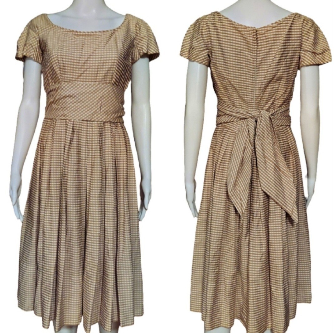 Vintage 50’s GiGi Young New York Pleated Gingham Tie Waist A Line Dress Small