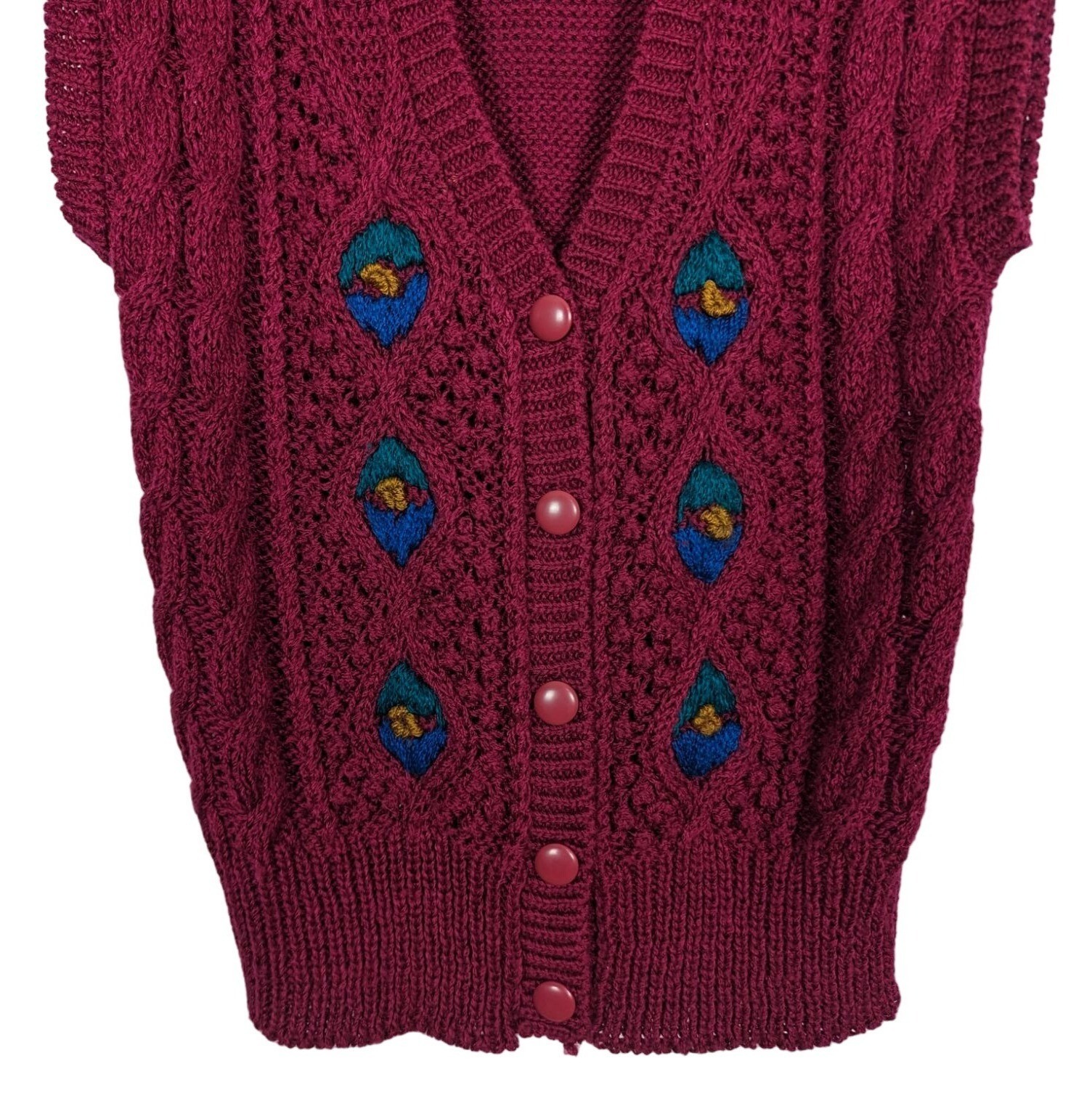 Weathervane hand knit Vintage Burgundy Blue Sleeveless Cardigan Size Large