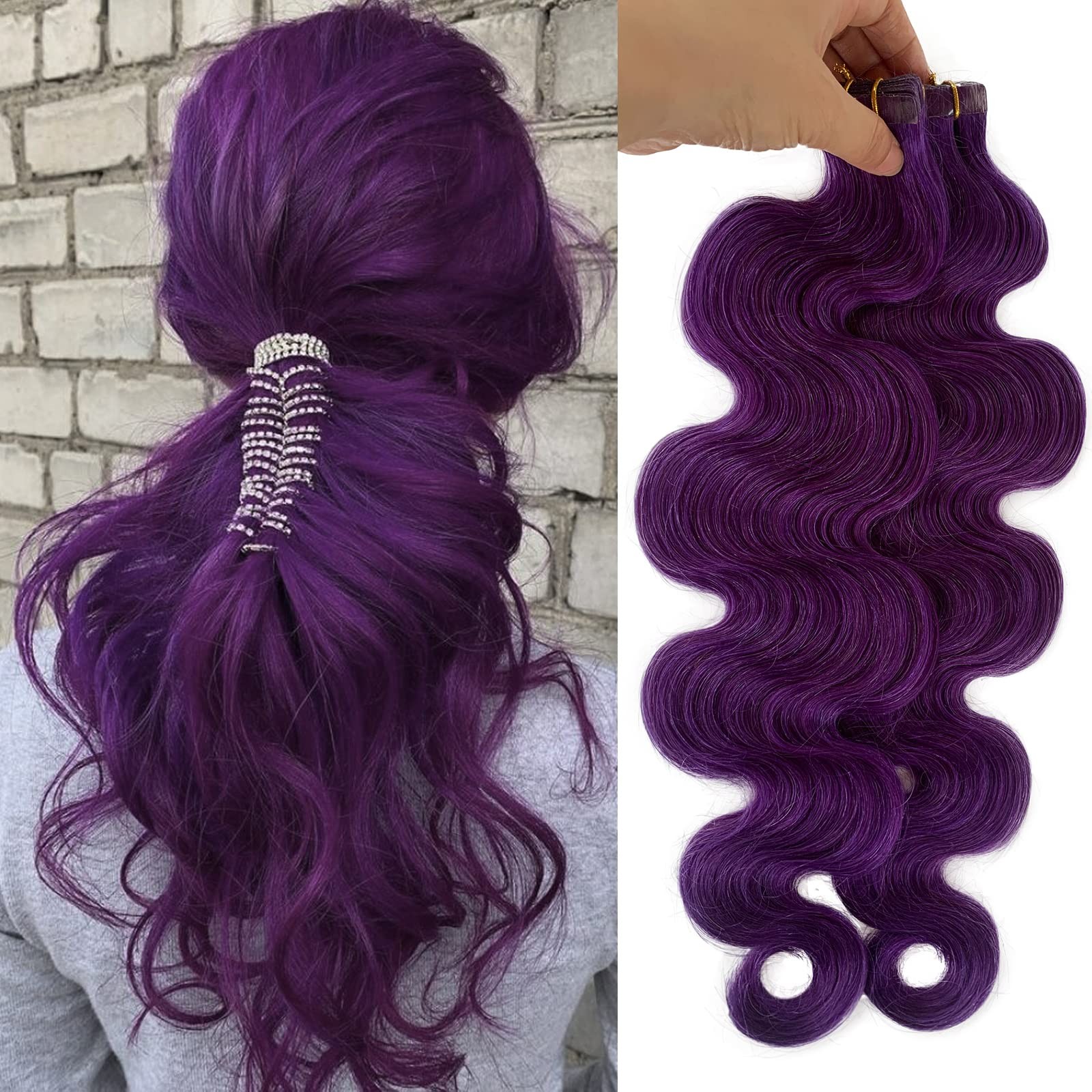 Body Wave Tape-in Human Hair Extensions, Purple 100% Remy Soft Sea