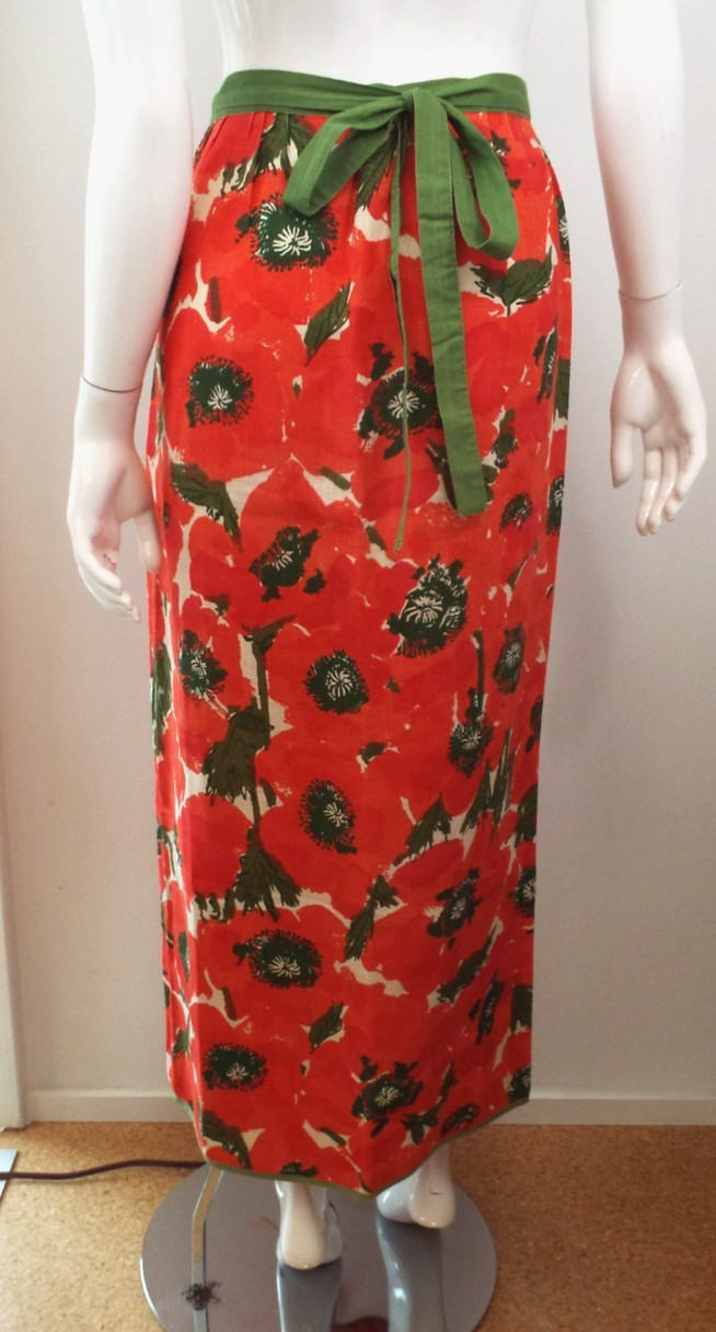 VTG Vera Neumann Cotten Linen Hostess Wrap Skirt PERFECT Poppy Red Green Floral
