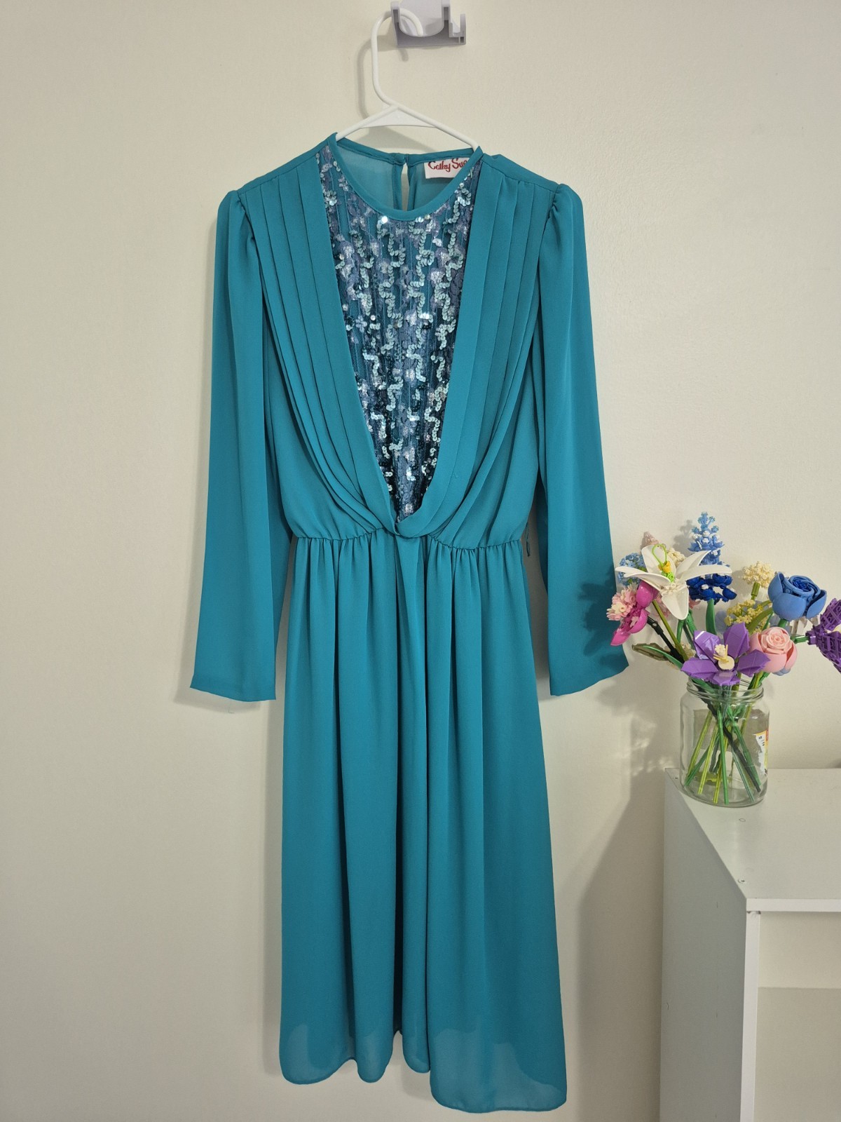 Vintage 70s 80s Cathy Sue Teal Sequin Illusion Midi Dress Pleated M/L