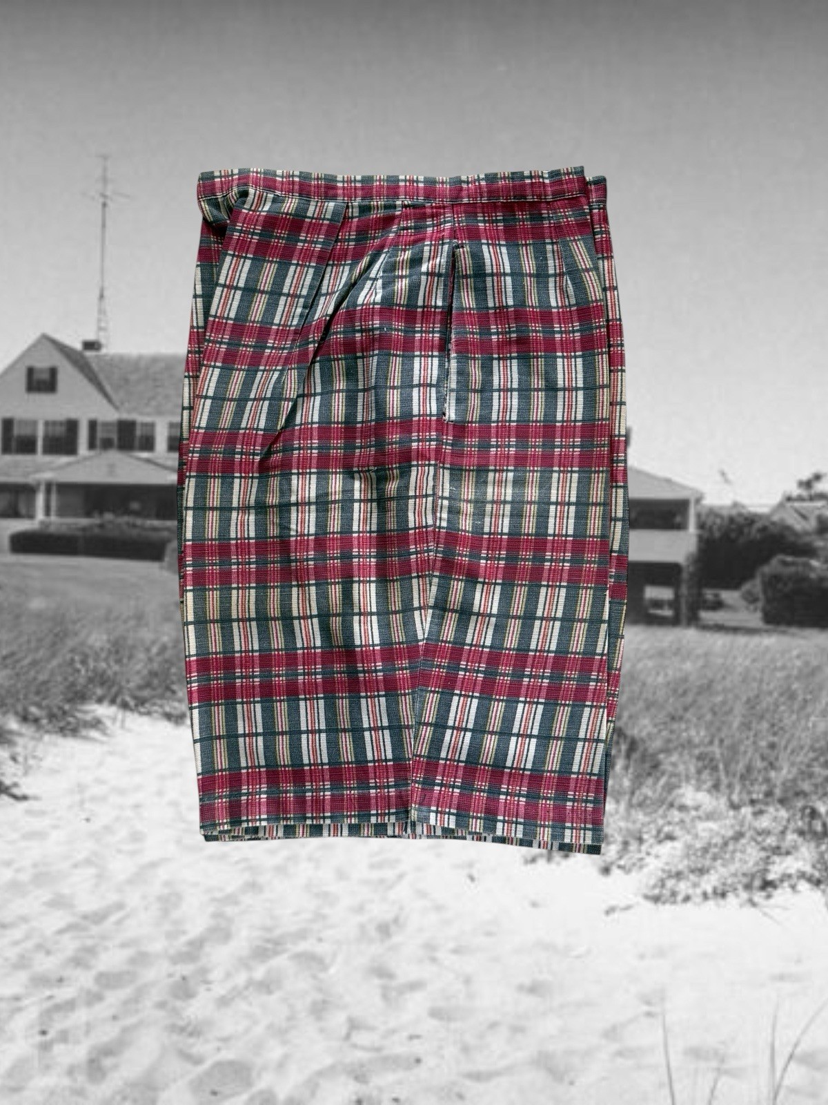 Vintage 1960S Cotton Madras Bermuda Shorts – Red White Blue Plaid- Side Zipper
