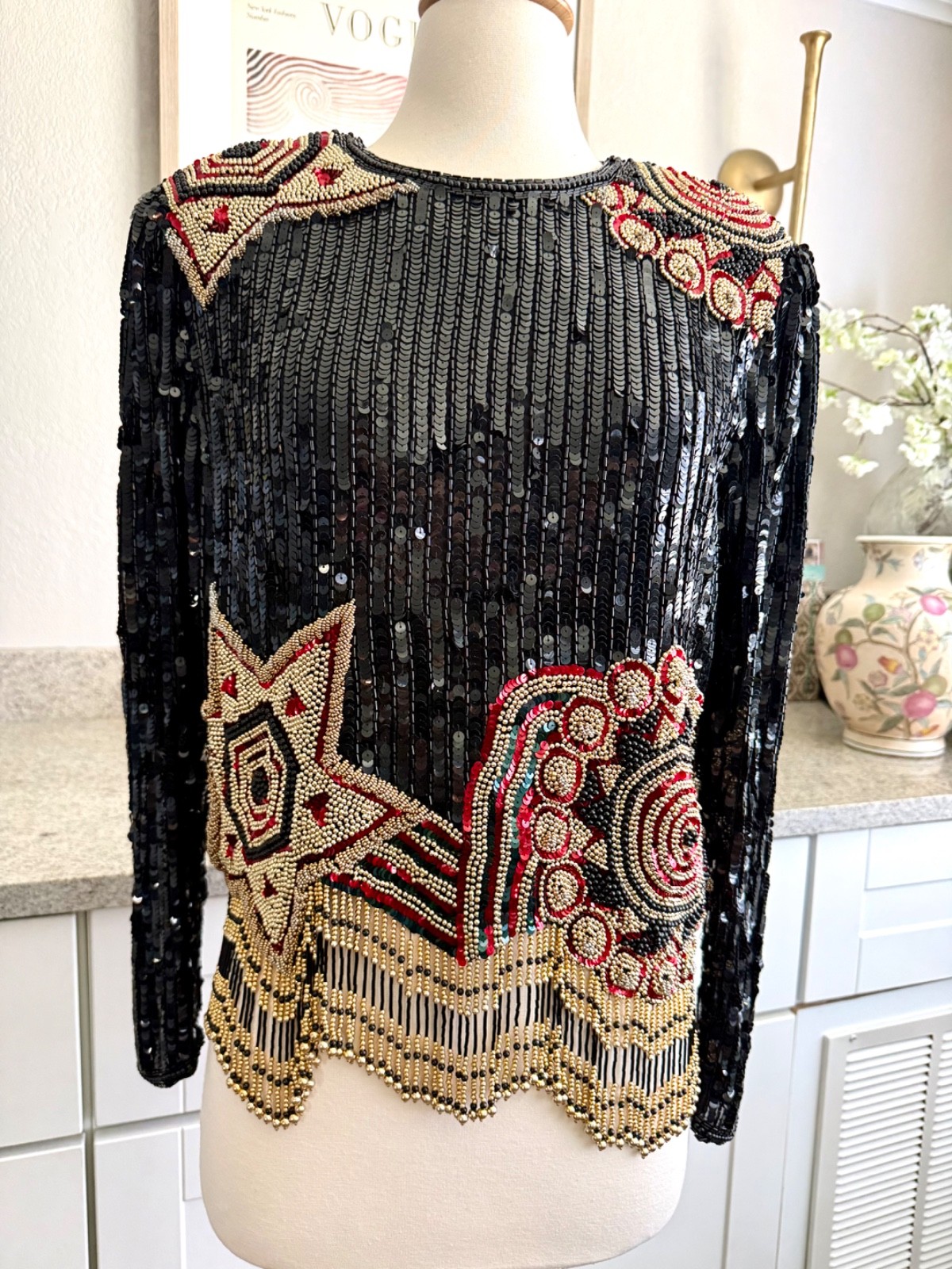 Vintage 80’s Niteline Beaded & Sequin Top Fringe sz S Black Gold Red