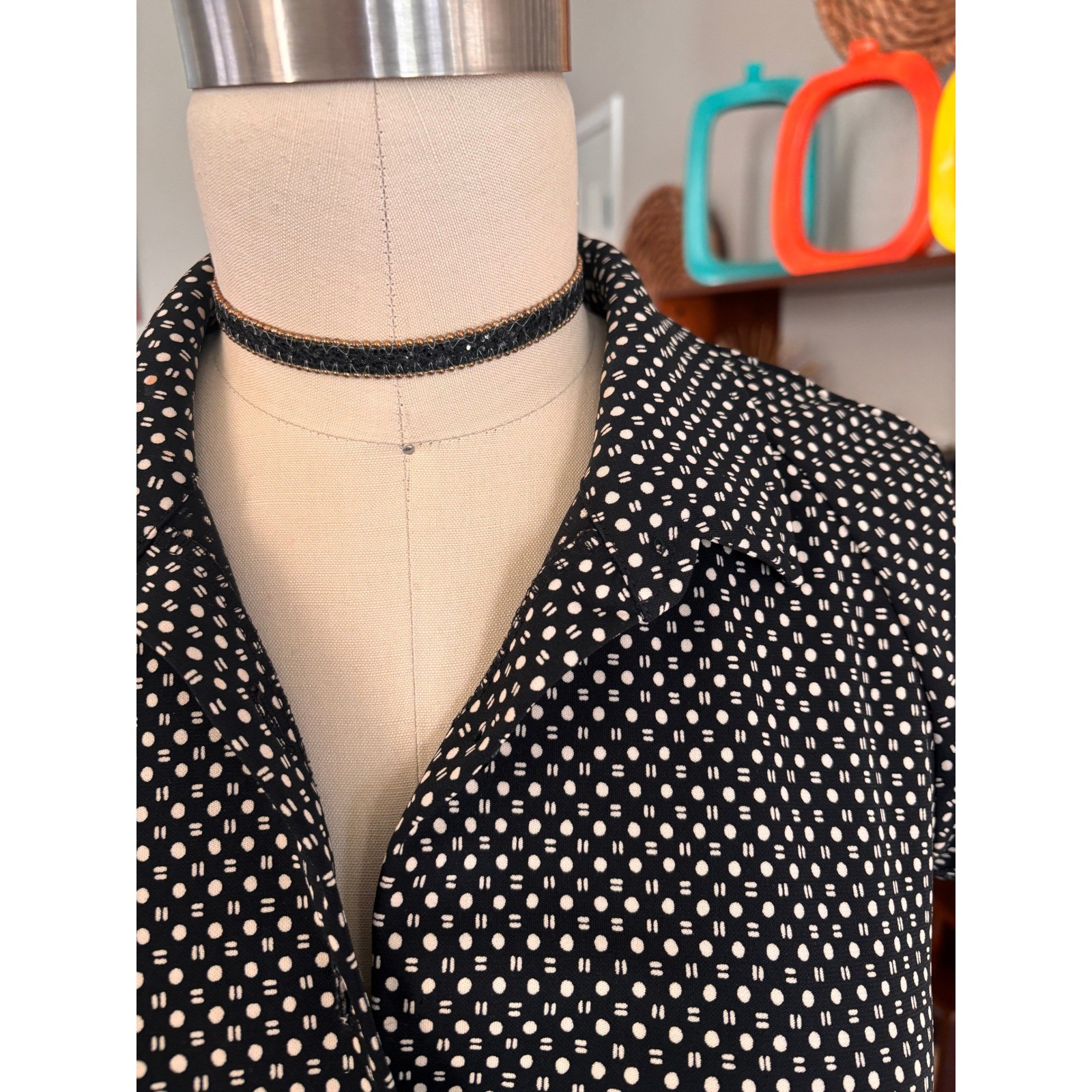 Polka Dot Geometric Byer Too! Collared Empire Waist Dress Small Black Vintage