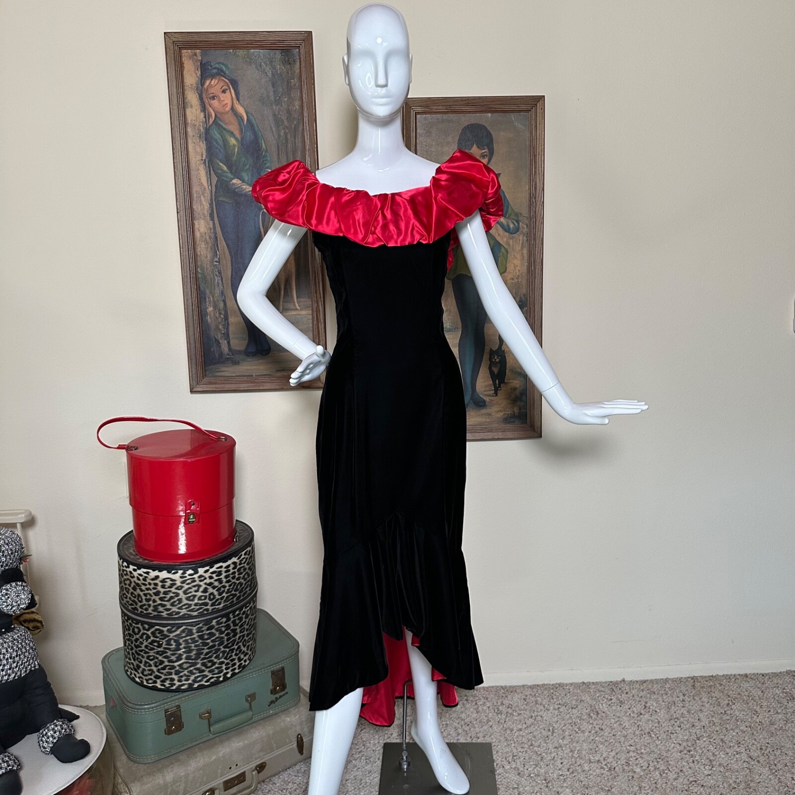 Vintage 80s Jessica McClintock Vampy Satin & Velvet Mermaid Party Prom Dress M/L