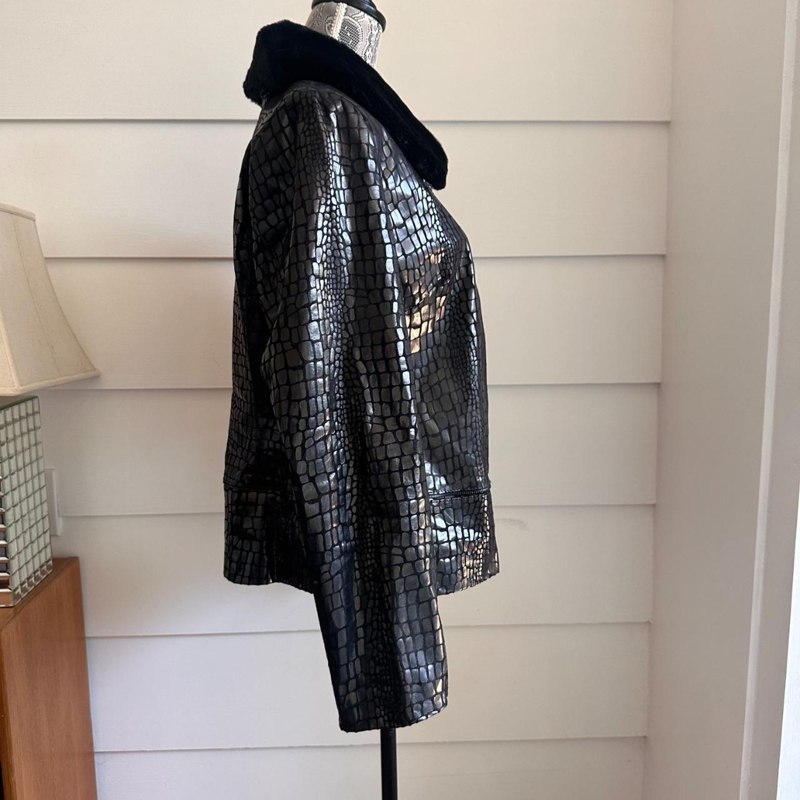 Y2K Black Leather Jacket with Faux Fur Collar by Bradley Bayou