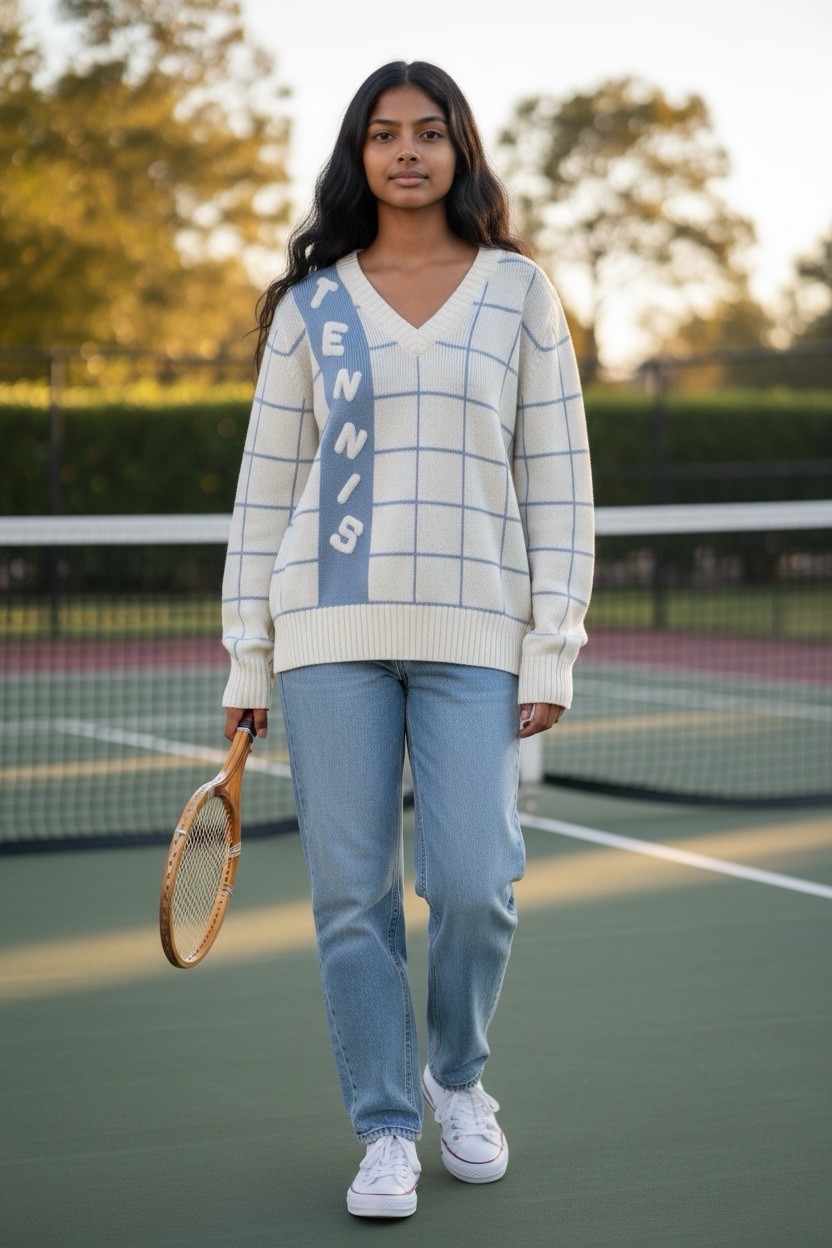 Vintage Women’s Tennis Sweater Quantum! Sportswear M Light Blue Cream V Neck
