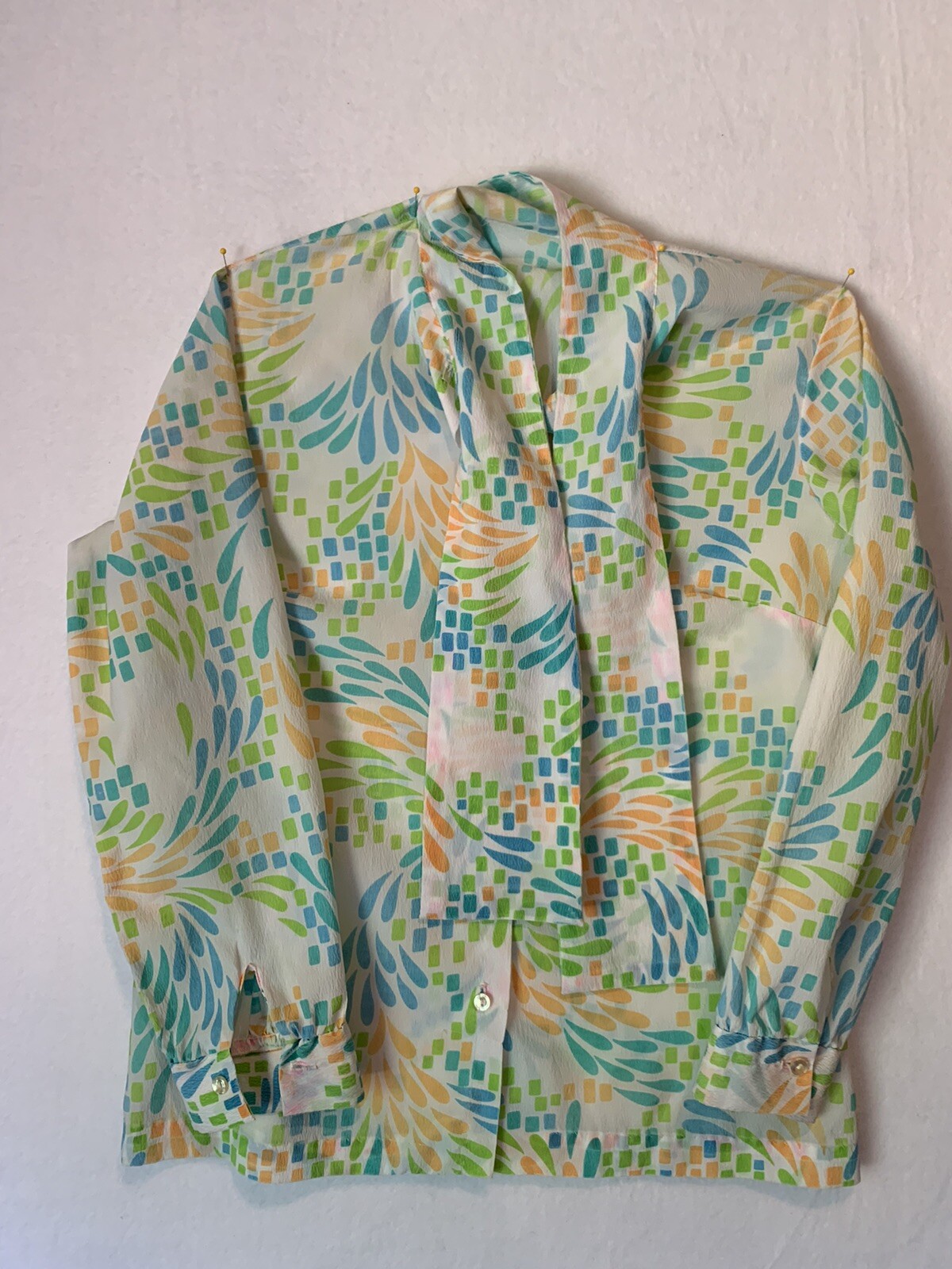 Vtg Ascot Blouse Tie Neck Long Sleeve Sheer Button Up Colorful Firework Bursts