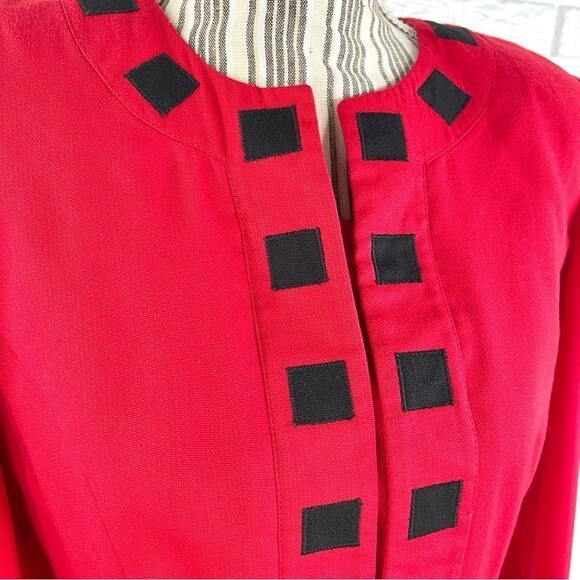 Vtg Leslie Fay Red Cropped Jacket Black Square Trim Shoulder Pads Sz 8 Petite