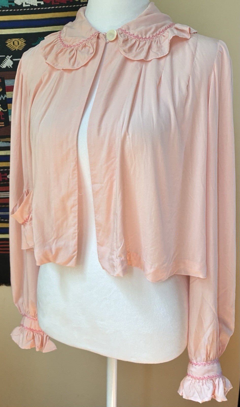 Vintage 40s/50s Handmade Pink Bed Jacket w Ruffle Collar & Embroidery