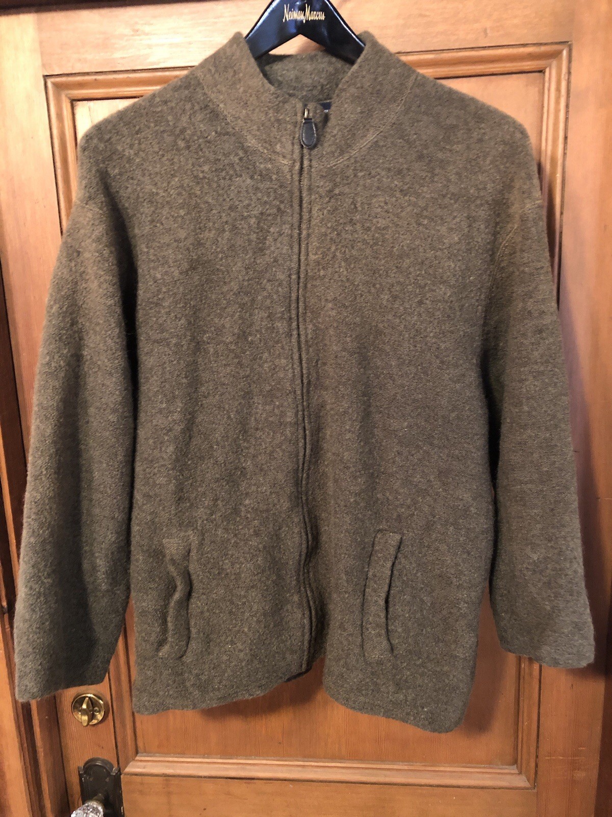 Vtg BROOKS BROTHERS 100% Wool Full Zip Sweater Gray/Green Sz L Made In Hong Kong
