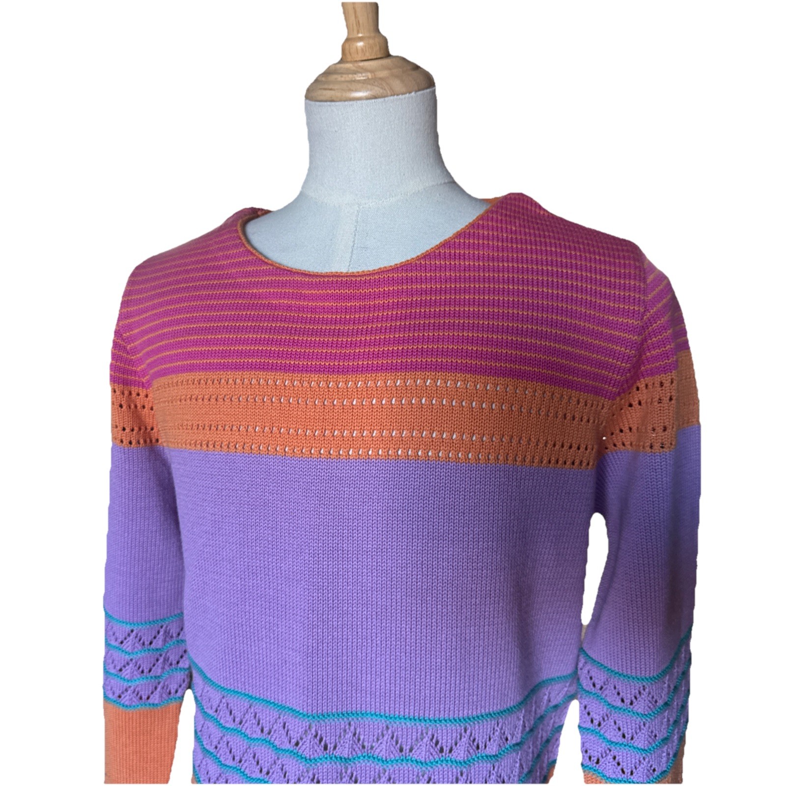 VNTG White Horse Knit Sweater Boho Art To Wear Geometric Pink Purple Orange S/M