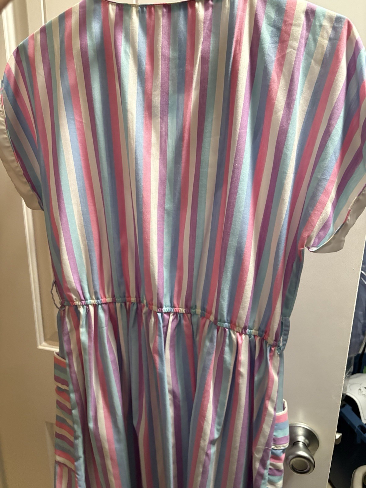 Joni petite Vintage Striped Cotton House Dress Pink Blue White Purple Pockets