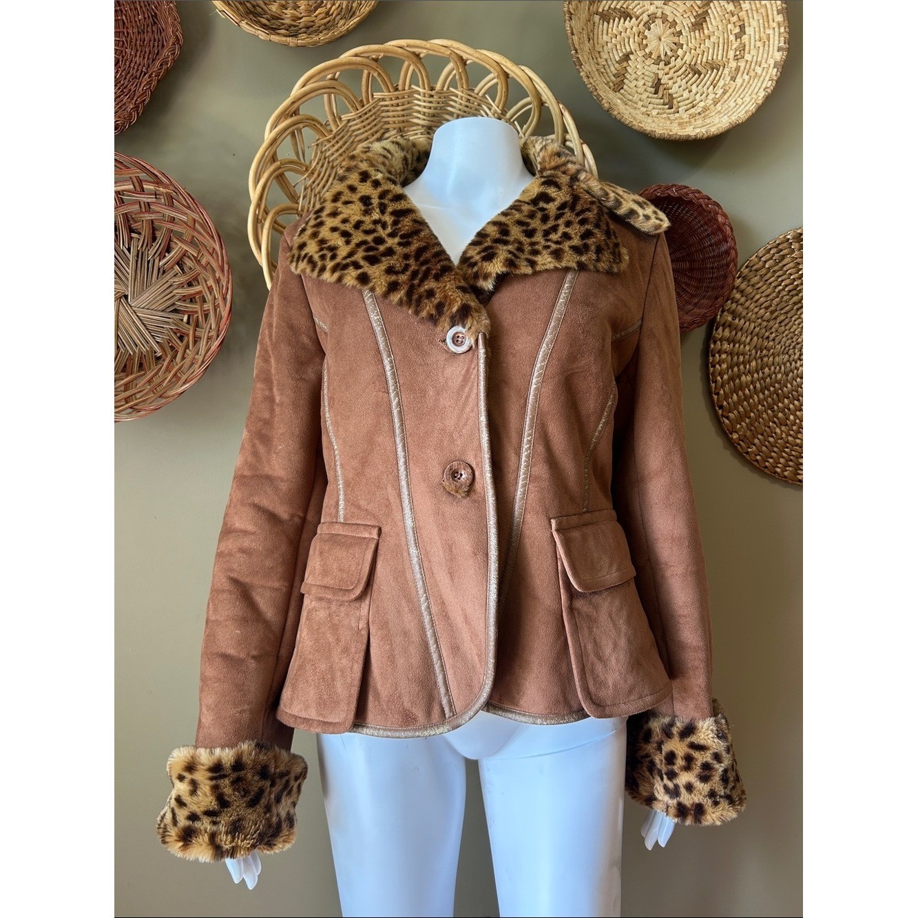 Marvin Richards Vintage Faux Fur & Suede Coat Leopard Print Mob Wife Glam Size M