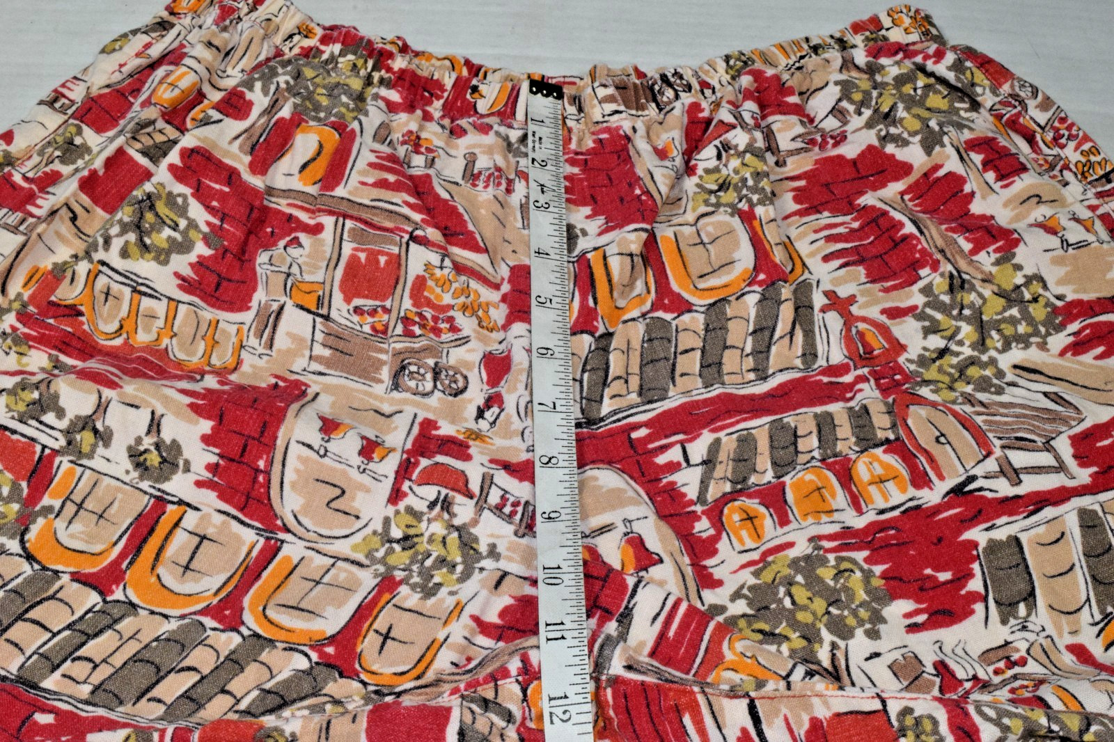 Vintage Womens Cropped Pull On Pant Size L 90s Terracotta Red French Villa Print