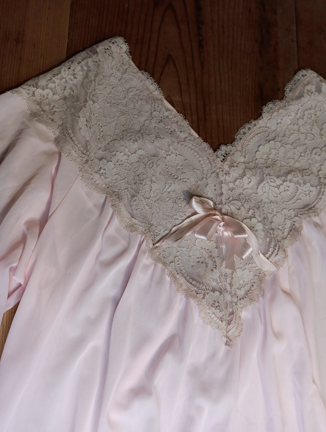 Vtg Sears Womens M 42-44 Pink Sheer Long Nightgown Nylon Lace Front 3/4 Sleeve