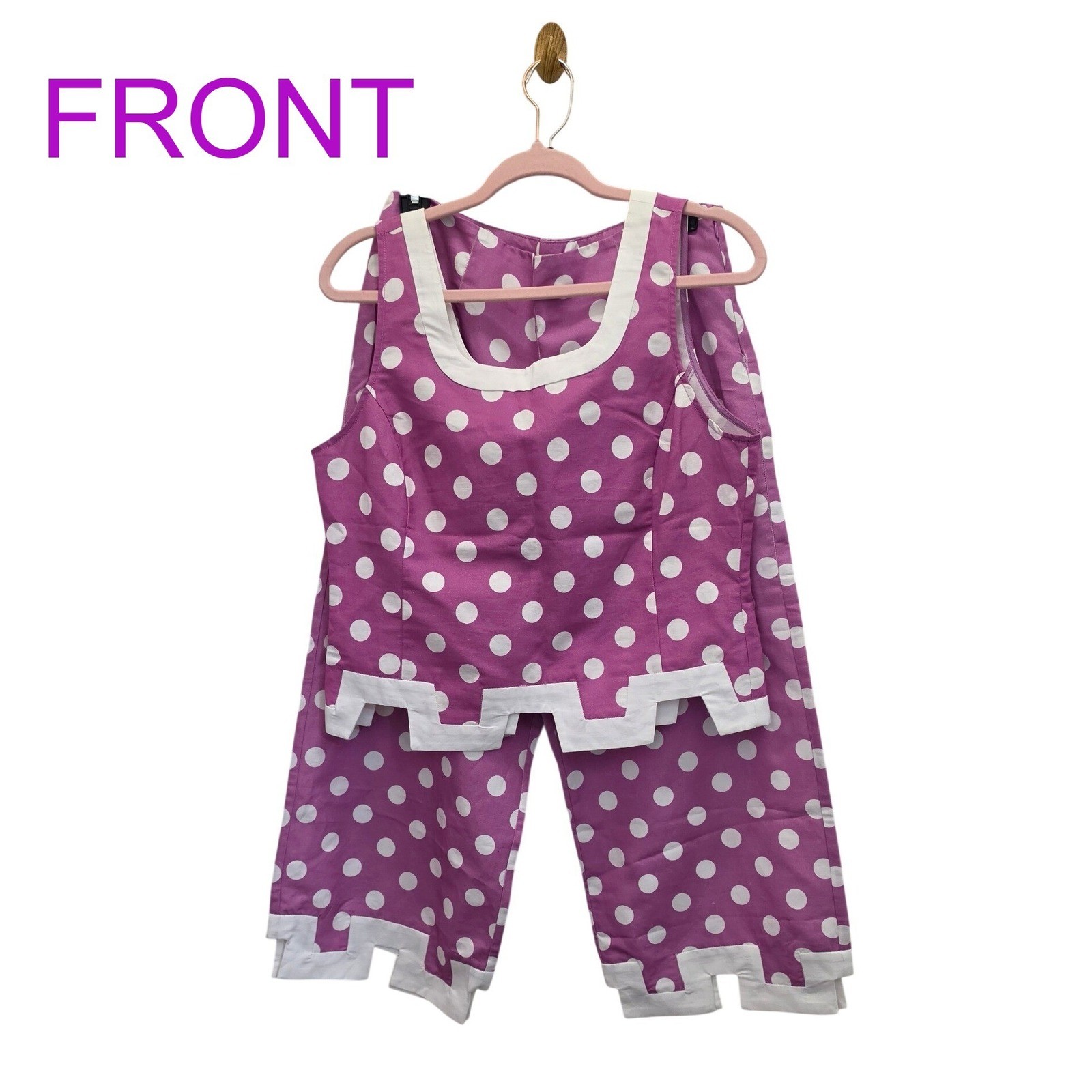 Tyler Böe Linen Cotton Polka Dot 2 Piece Set Womens 10 Vest Wide Leg Pants Pink