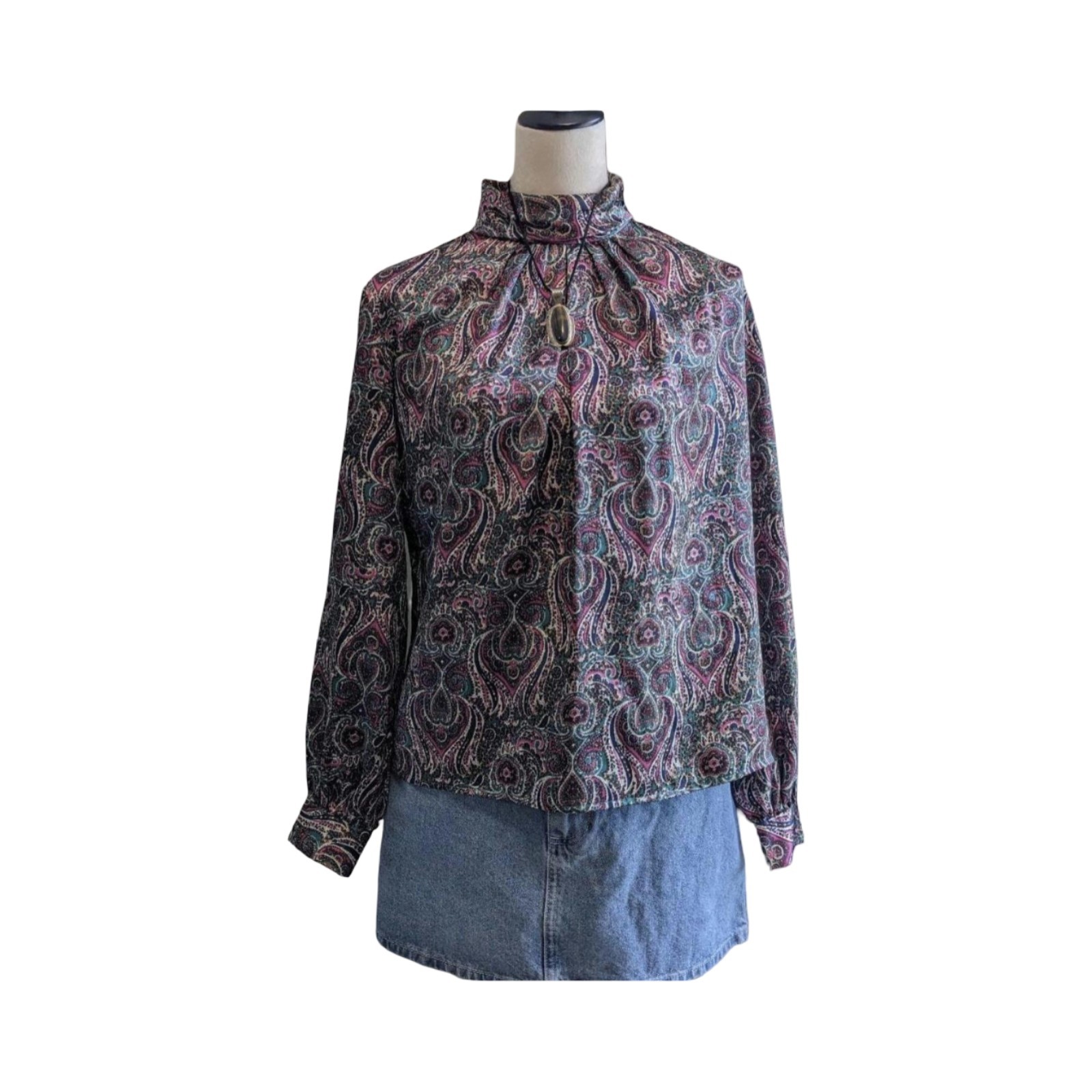 Vintage 70s Anna Kristi Blouse Womens Petite Size 10 Paisley High Neck Boho Top