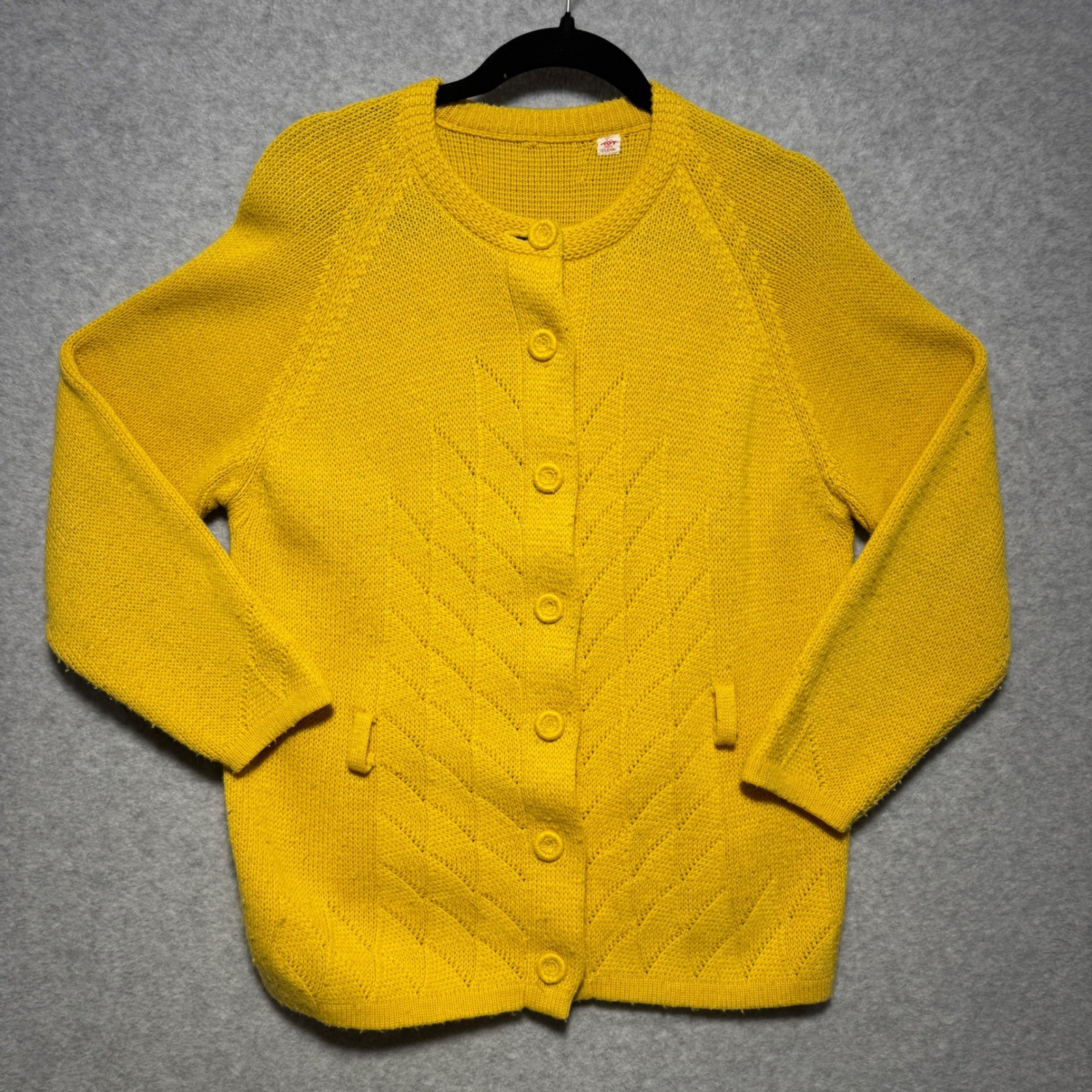 Vintage Yellow Knit Button Front Cardigan Sweater Raglan Sleeve Textured M/L