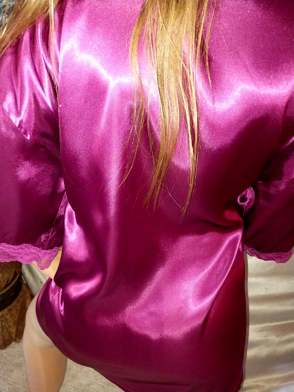 VTG SATIN SHINY POPPING MAGENTA PINK SHORTY BABYDOLL NIGHTIE BOUDOIR ROBE 2X 48