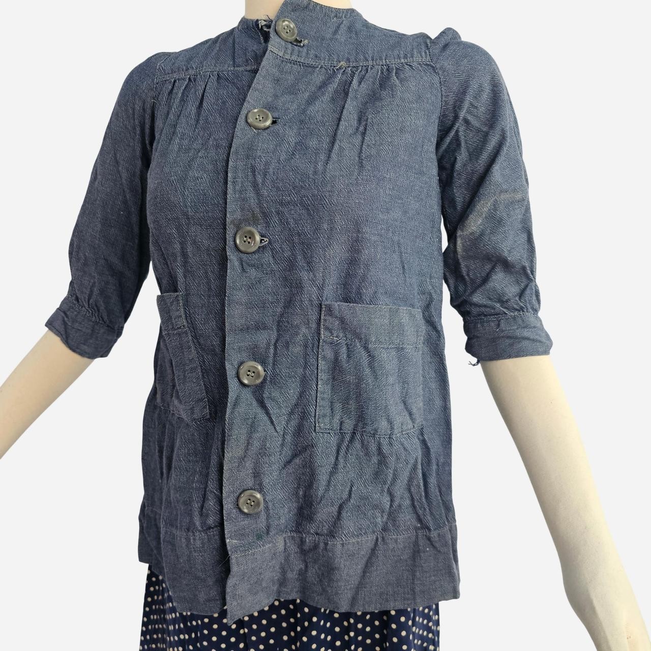 Blue Denim Button Up Smock Shirt w Pockets Petite 1930s Vintage Distressed 30s