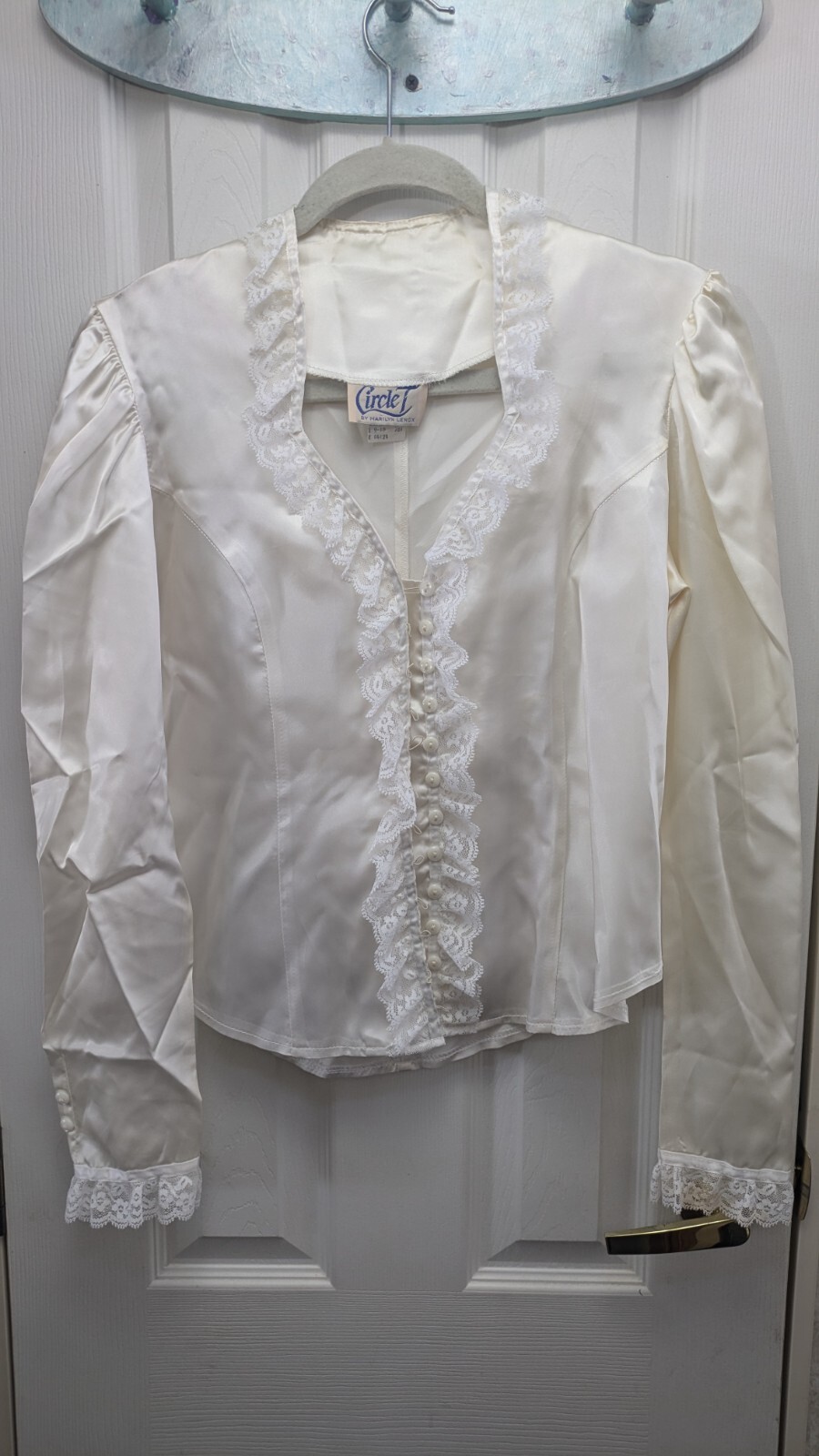 VTG Circle T Blouse Womens Small Ivory Cottage Core Button Lace Victorian