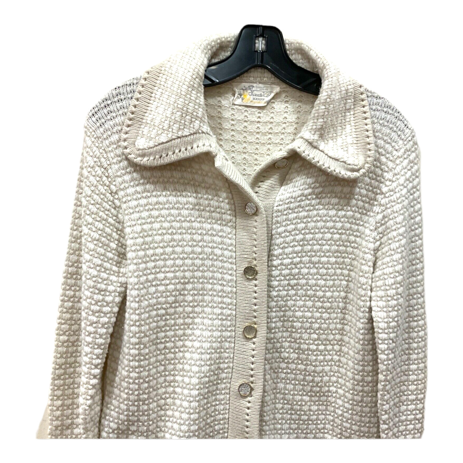 Bee by BANFF beige Sweater Cardigan Ivory knit button up sweater SZ S pocket vtg