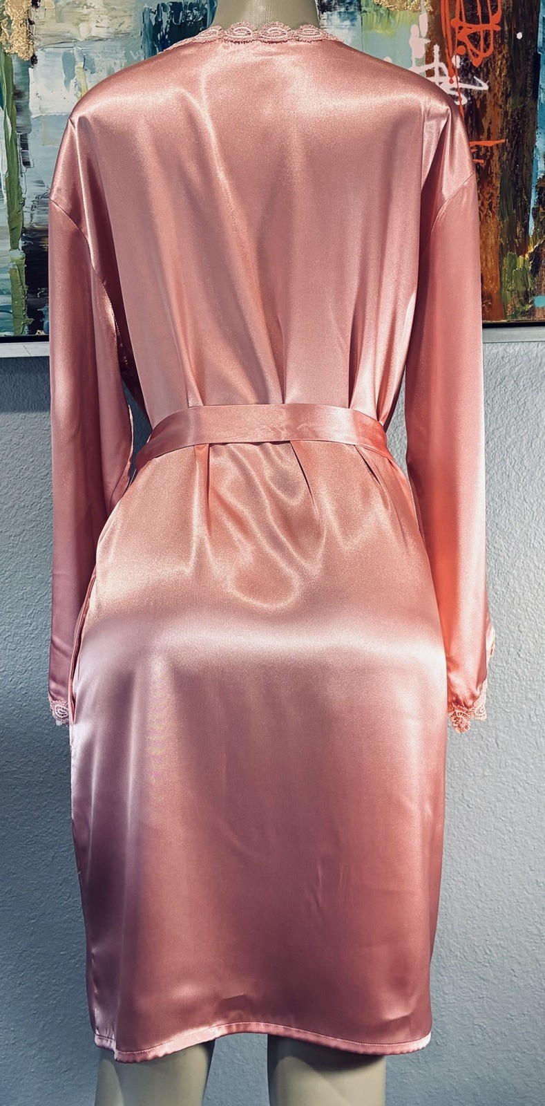 Vtg Peach Blush Satin Lounge Wrap Robe M
