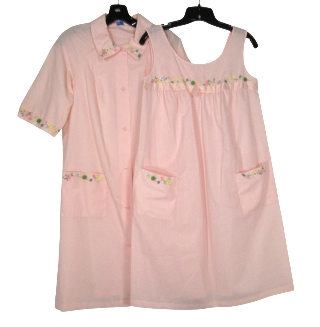 VTG SEARS Pink TWILL Button-Up FLORAL TRIM Lounge ROBE/NIGHTGOWN SET Sz 32/34
