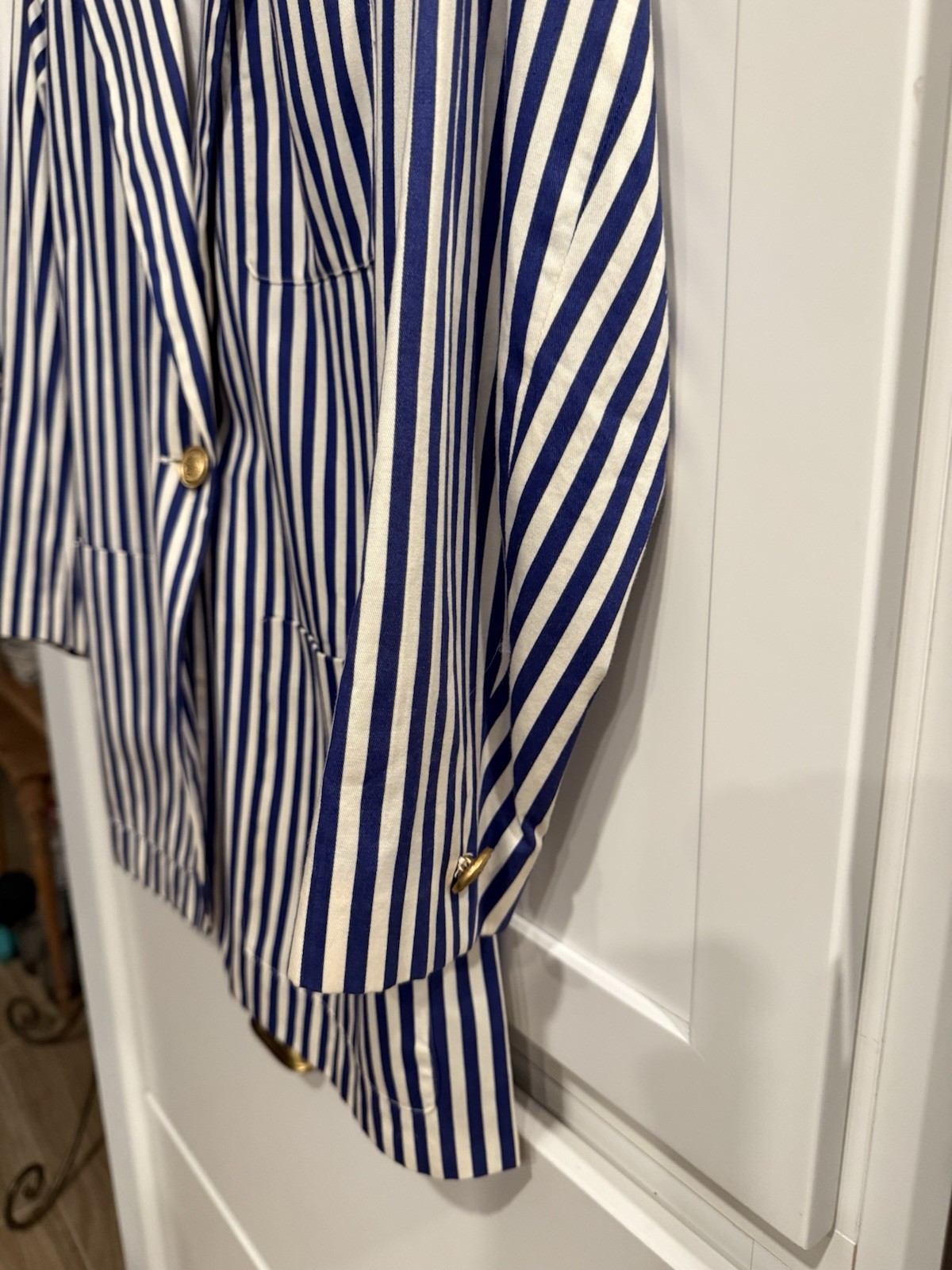 Vintage Liz Claiborne Collection Striped Blue White Blazer w/ Gold Buttons