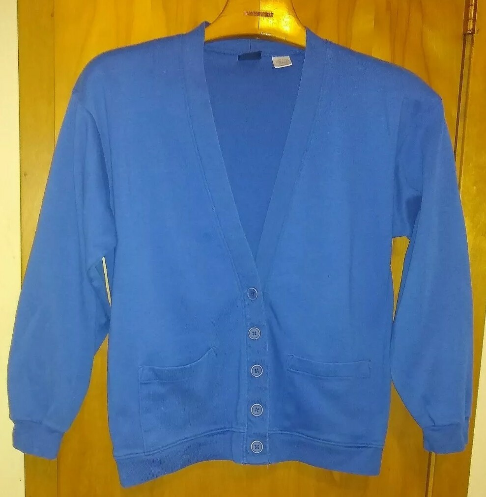 Classic Lands End Blue Sweater Comfort Pockets Cotton USA V-neck Button Size M