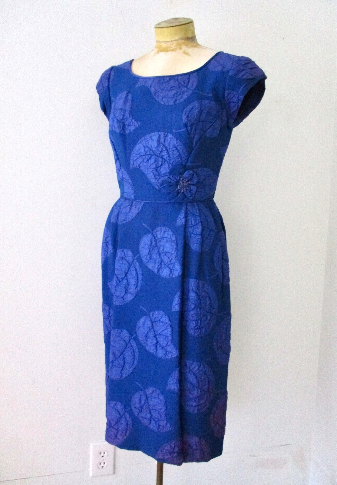 Vtg 50s Rockabilly Cobalt Blue Wiggle Dress Silk Crepe Leaf Flower Applique 13