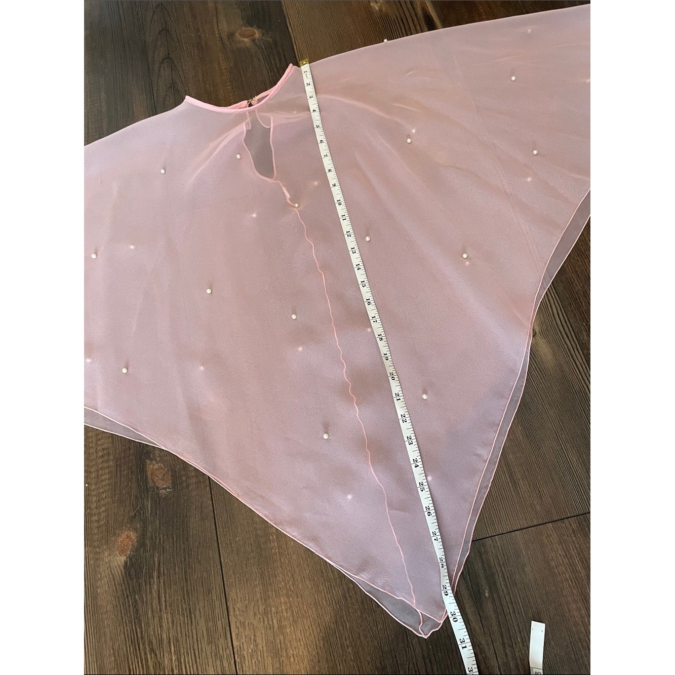 Vintage Pastel Pink Mesh Dress Topper with Pearls Cape Poncho Sheer Embellished