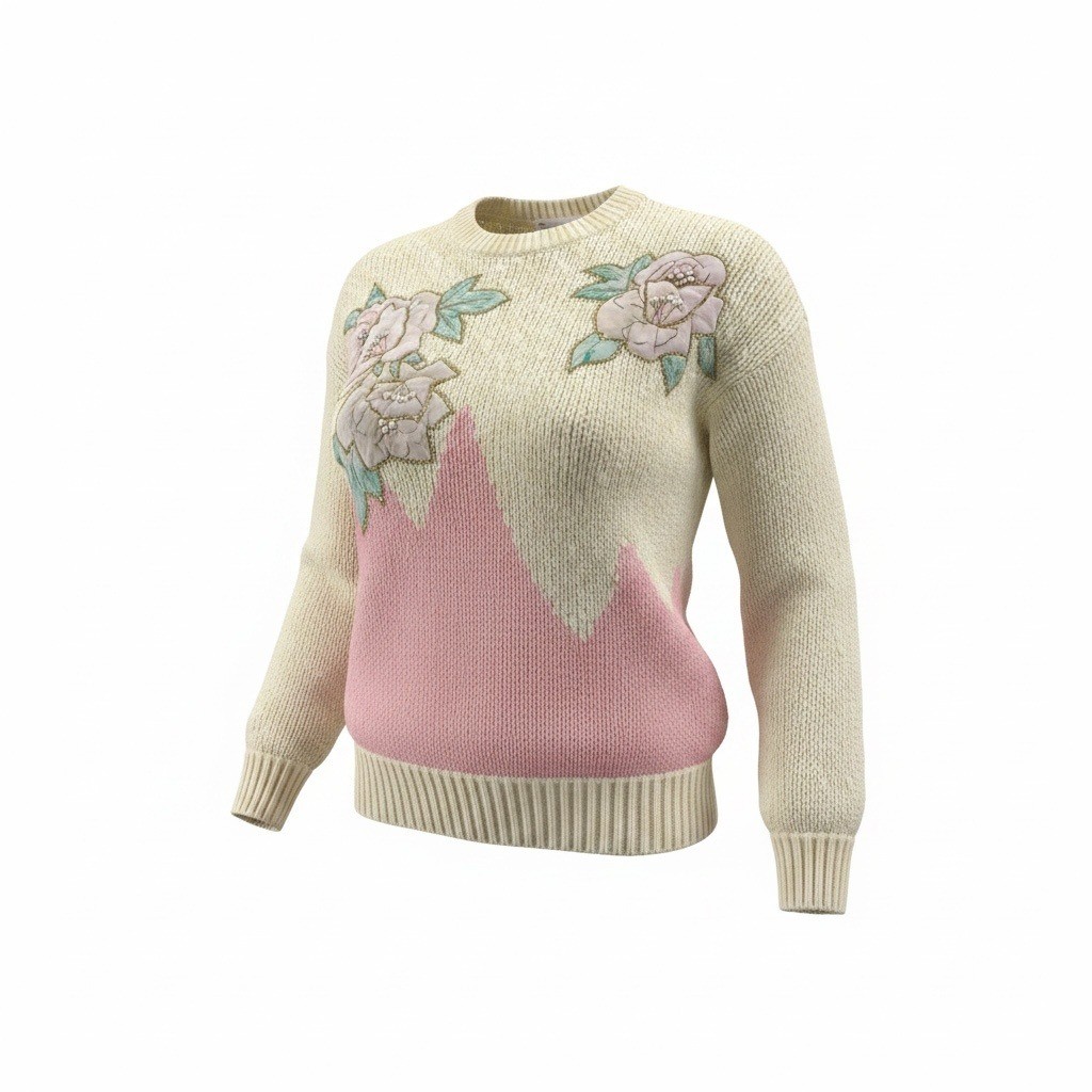 Vintage 80’s Statament Sweater M White Pink Floral Applique Grandma Core Kitschy