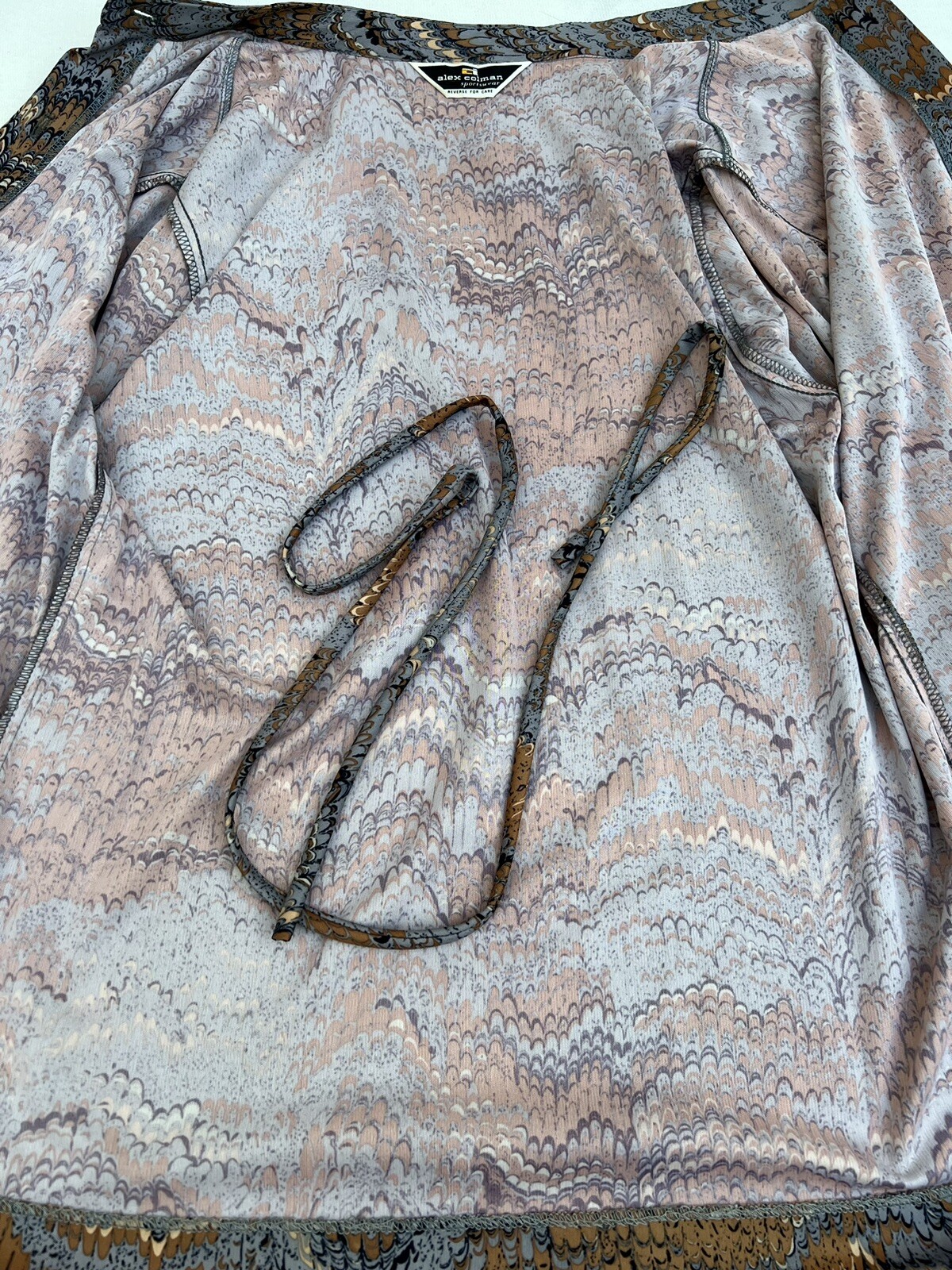 Vintage 1970s Marbleized Print Tunic LS Blouse Mandarin Band Collar Alex Colman