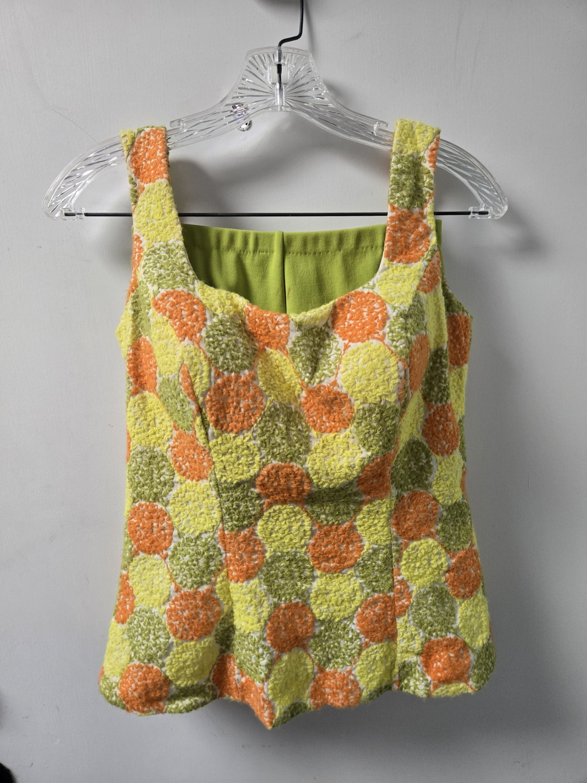 Vintage Bathing Suit Mod Green Orange Yellow Dots 2 Piece 34 Sz 12 M 1960s 70s