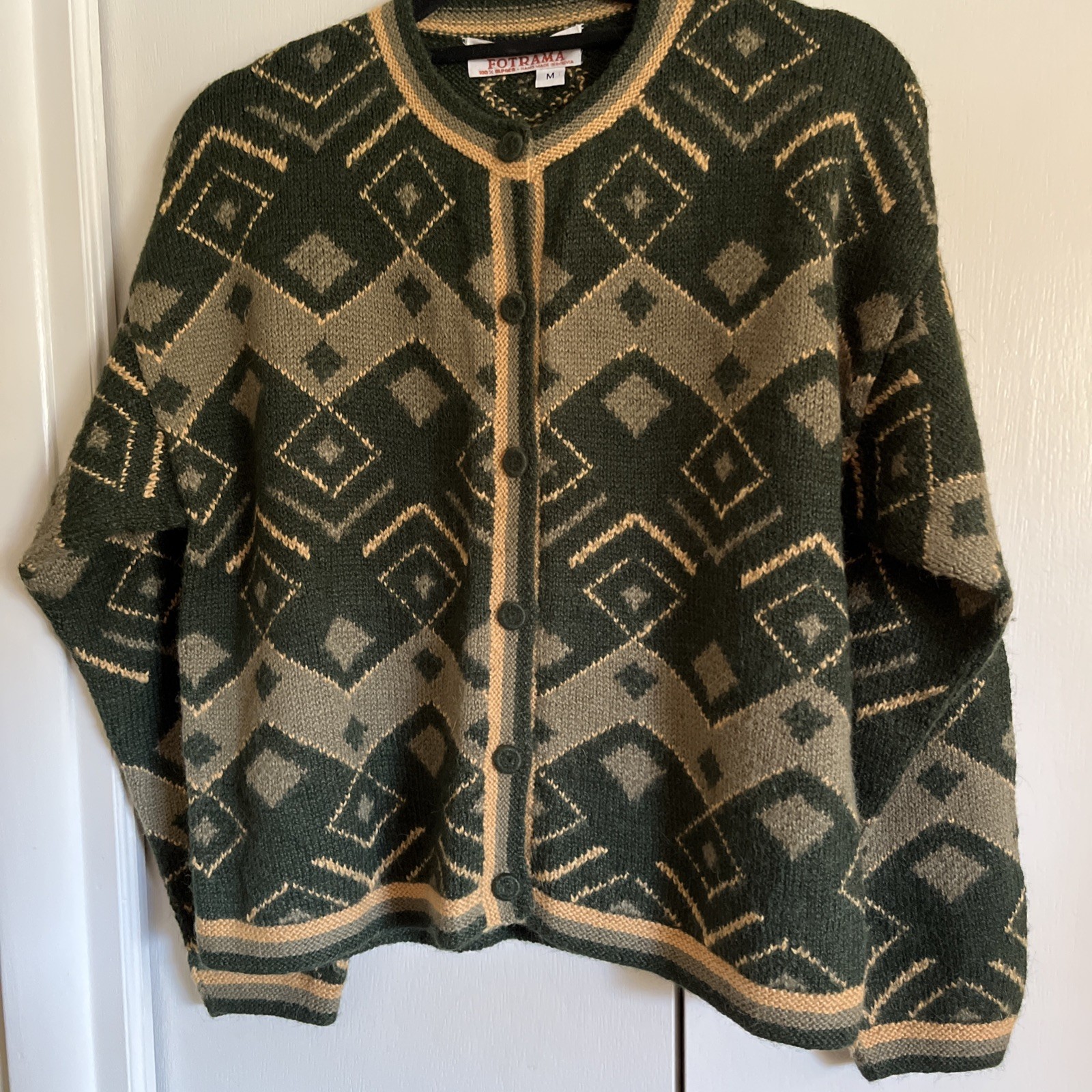 Vntg Women Fotrama Alpaca Wool Cardigan Sweater size Medium Dark & Olive Green
