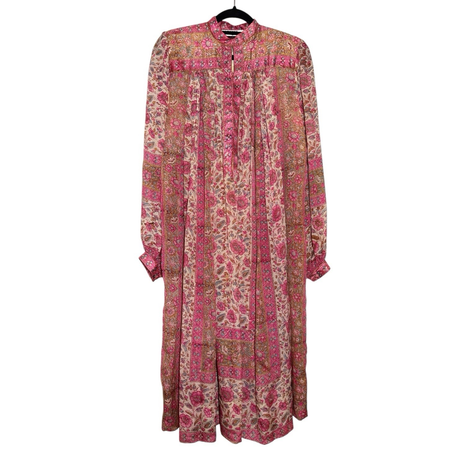 70s Vintage Ritu Kumar Judith Ann I Magnin Pink Silk Block Printed Boho Dress S