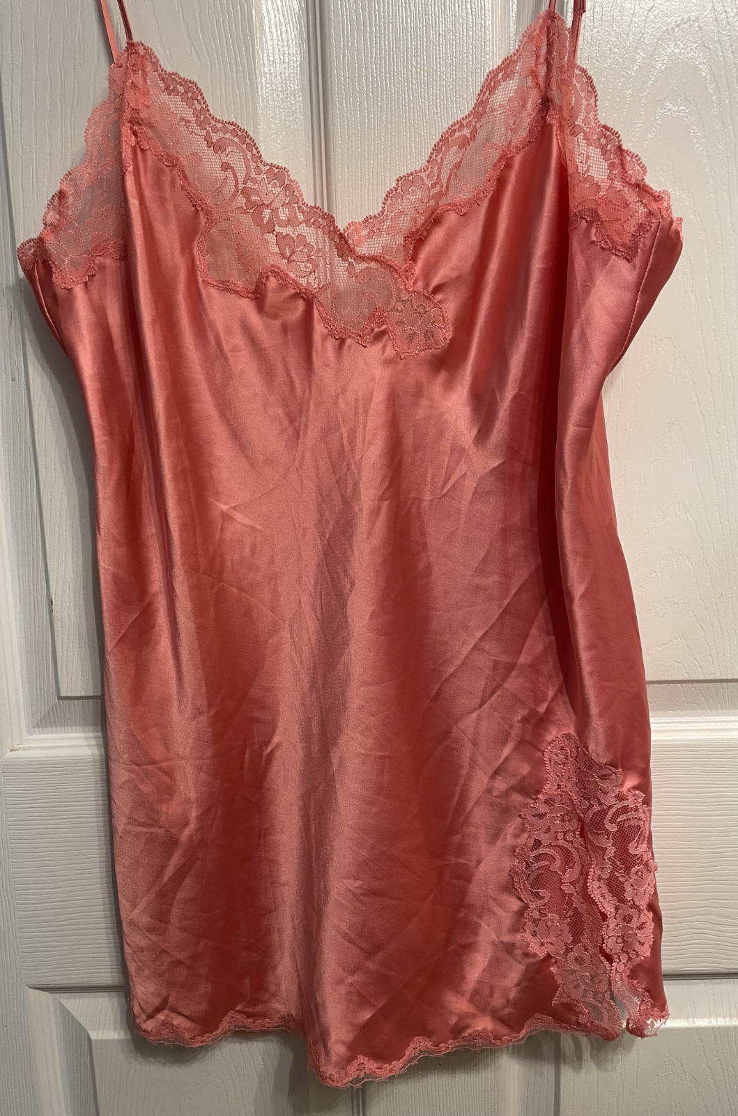 Victorias Secret Y2K Satin Peach/Pink Lace Babydoll Lingerie LARGE Tie Floral
