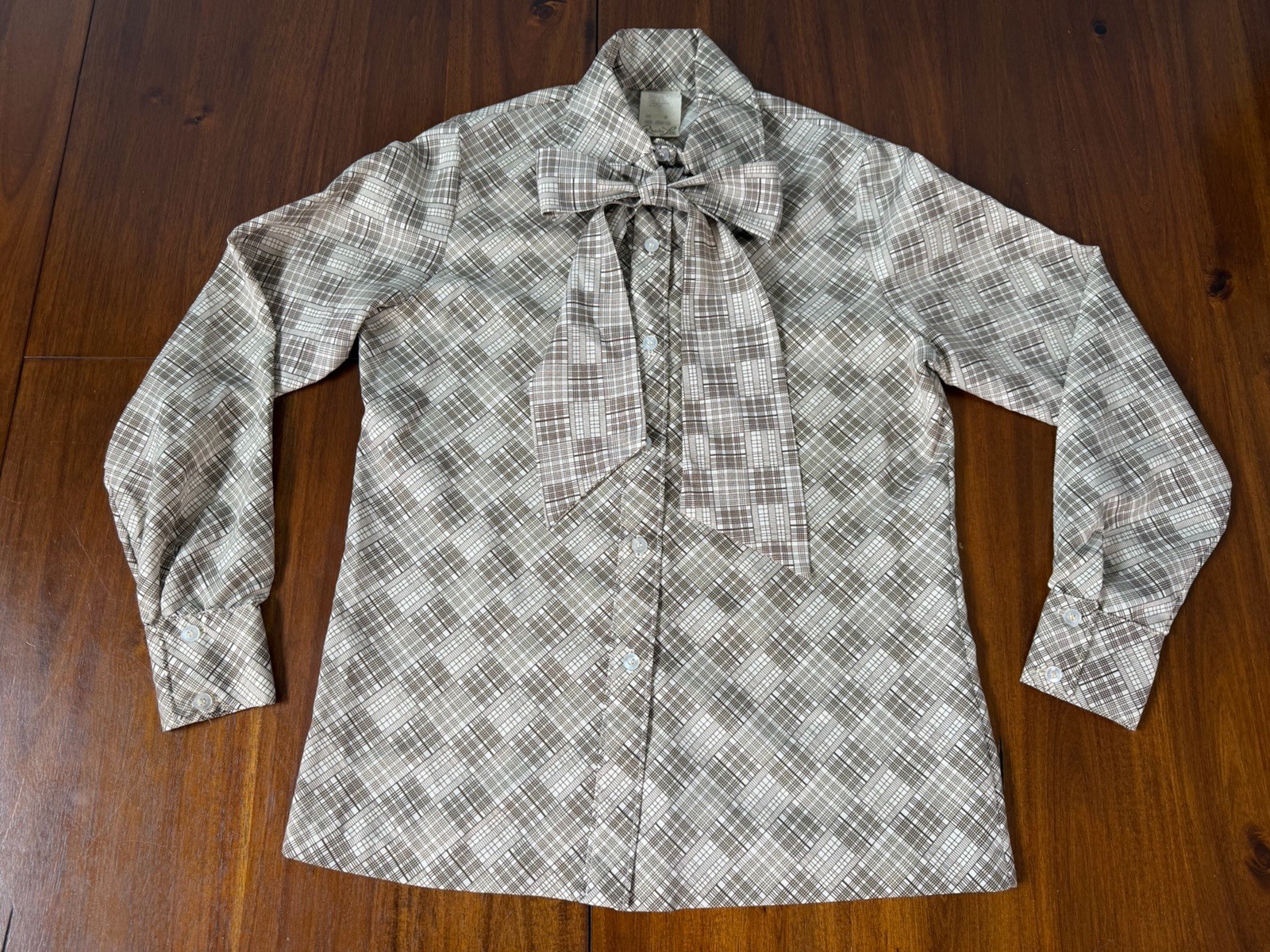 Vintage Rhoda Lee Plaid Pussybow Blouse Size 12 Brown White ILGWU Made USA 70s