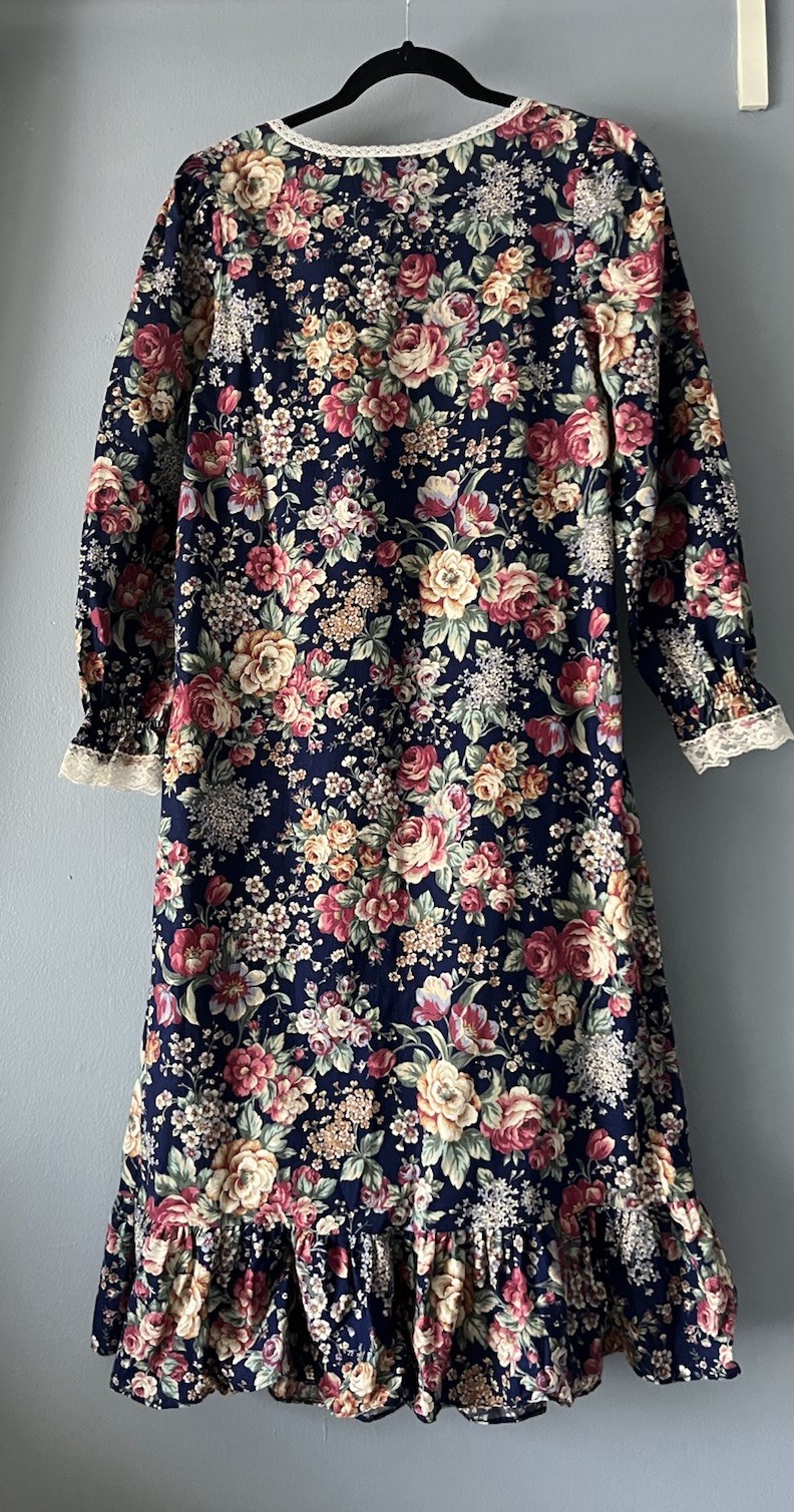 Vintage Prairie Dress Sz S Navy Blue Floral Laced Ruffled Willow Creek Cottage