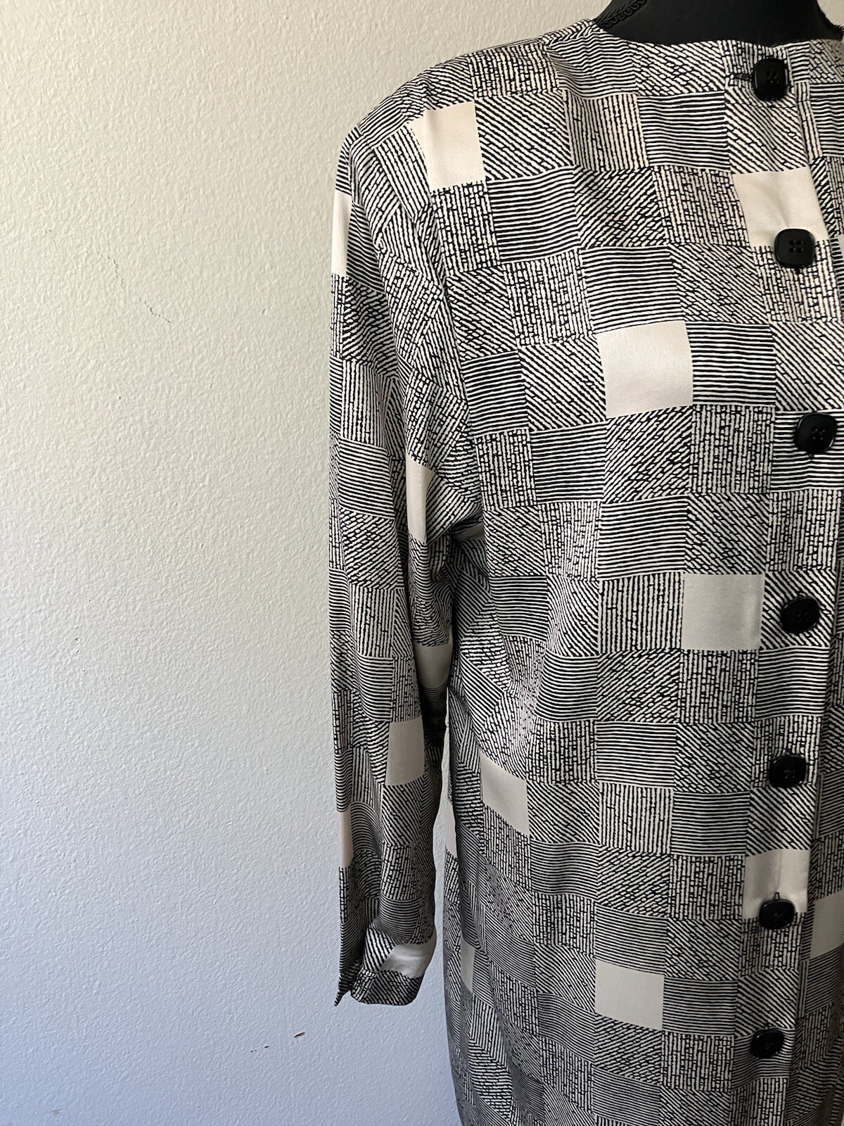 Vintage 80s Kasper Black & White Geometric Print Shift Dress Button Detail Large